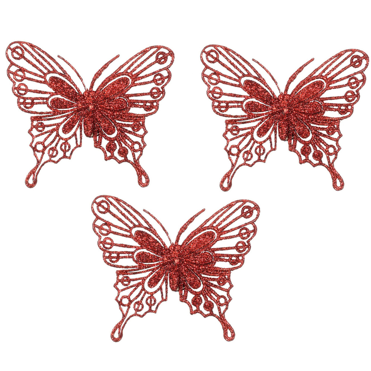 House of Seasons vlinders op clip 3x stuks rood glitter 10 cm