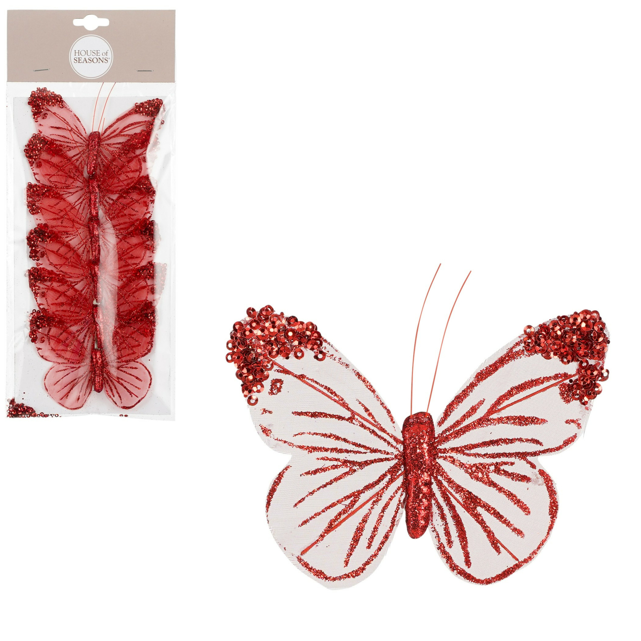 House of Seasons vlinders op clip 6x stuks rood-wit 10 cm