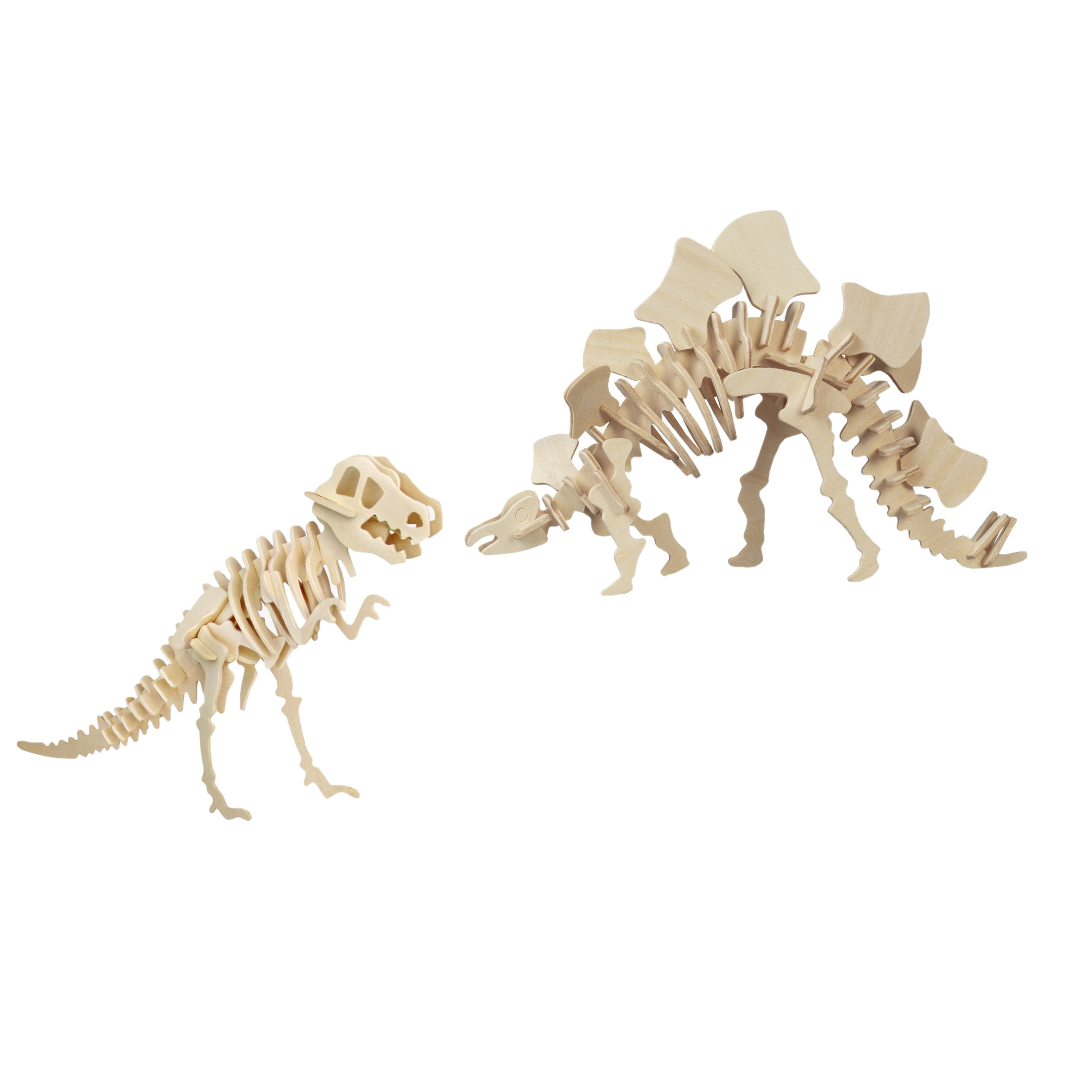 Houten 3D dino puzzel bouwpakket set T-rex en Stegosaurus