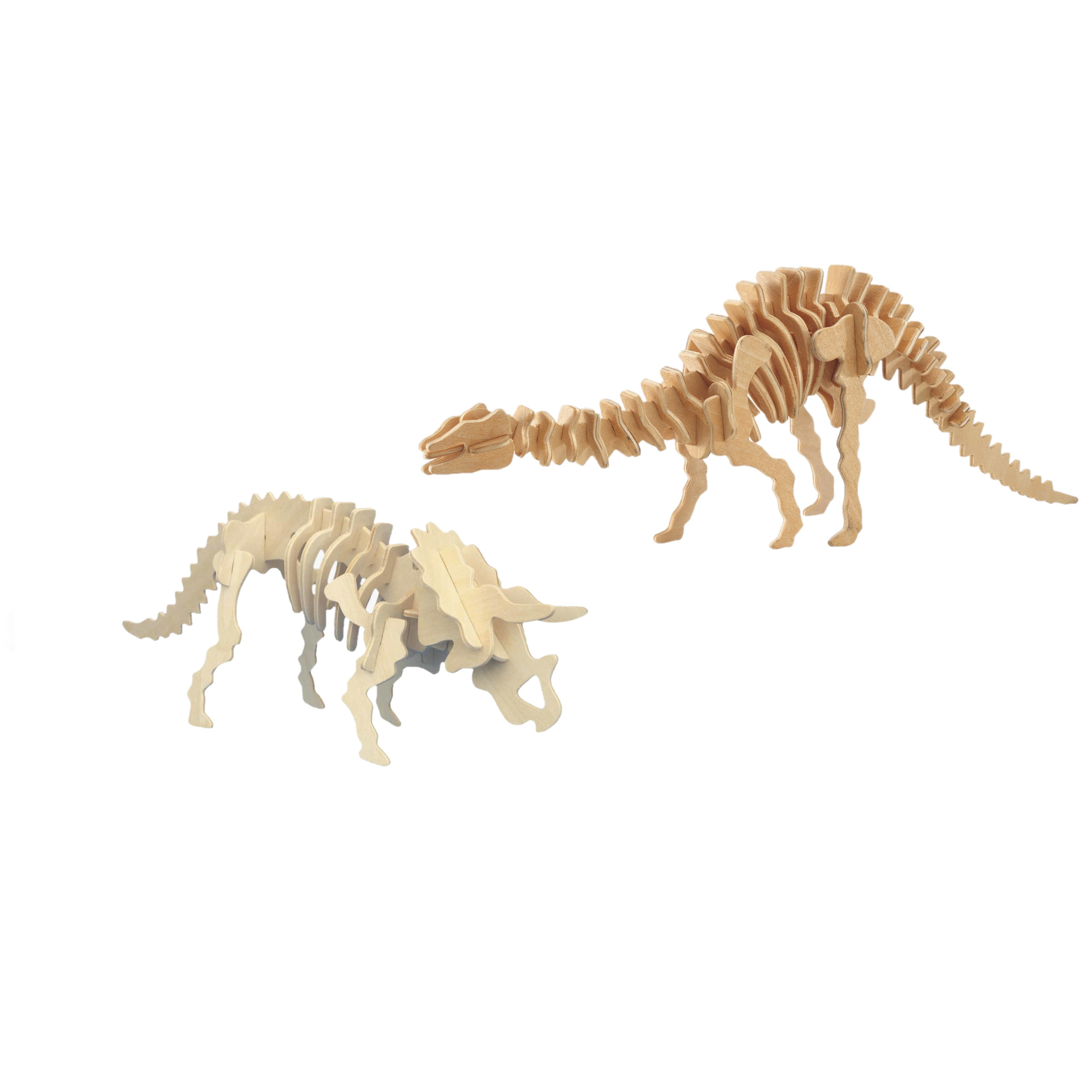 Houten 3D dino puzzel bouwpakket set Triceratops en Apatosaurus-langnek