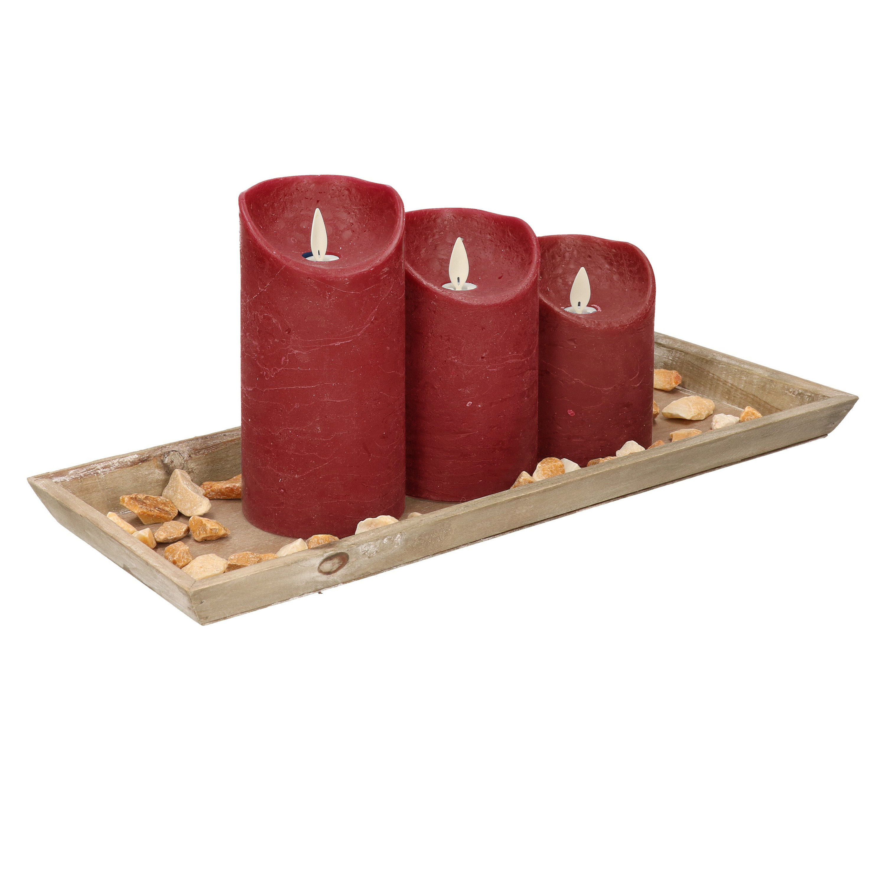 Houten dienblad met steentjes en 3 LED kaarsen in het bordeaux rood 39 x 15 cm