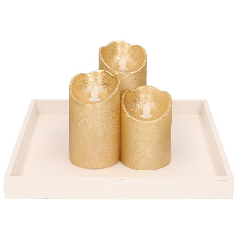 Houten kaarsenonderbord-plateau wit met LED kaarsen set 3 stuks goud