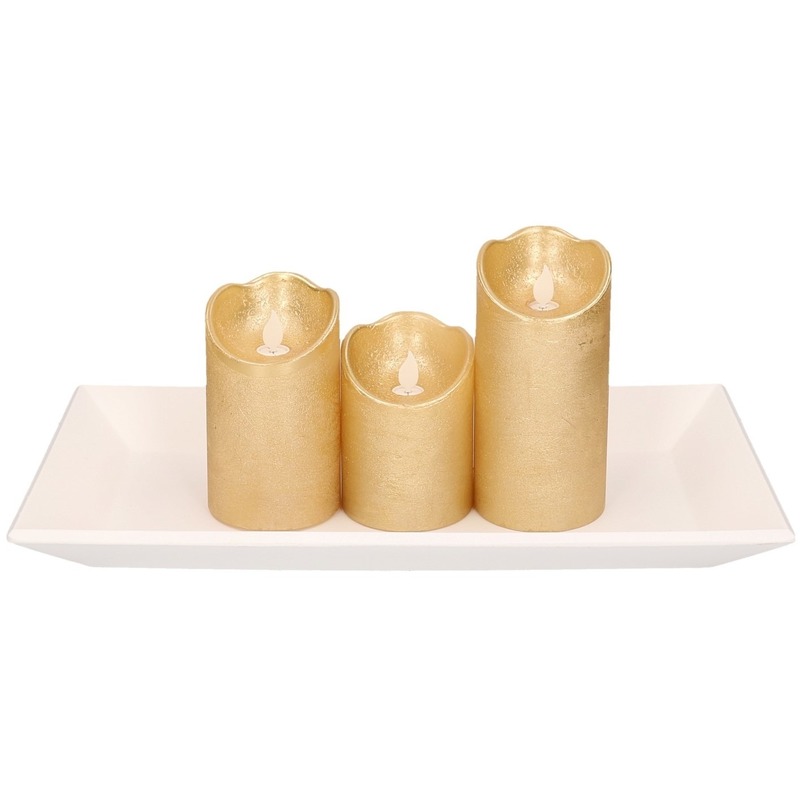 Houten kaarsenonderbord-plateau wit rechthoekig met LED kaarsen set 3 stuks goud