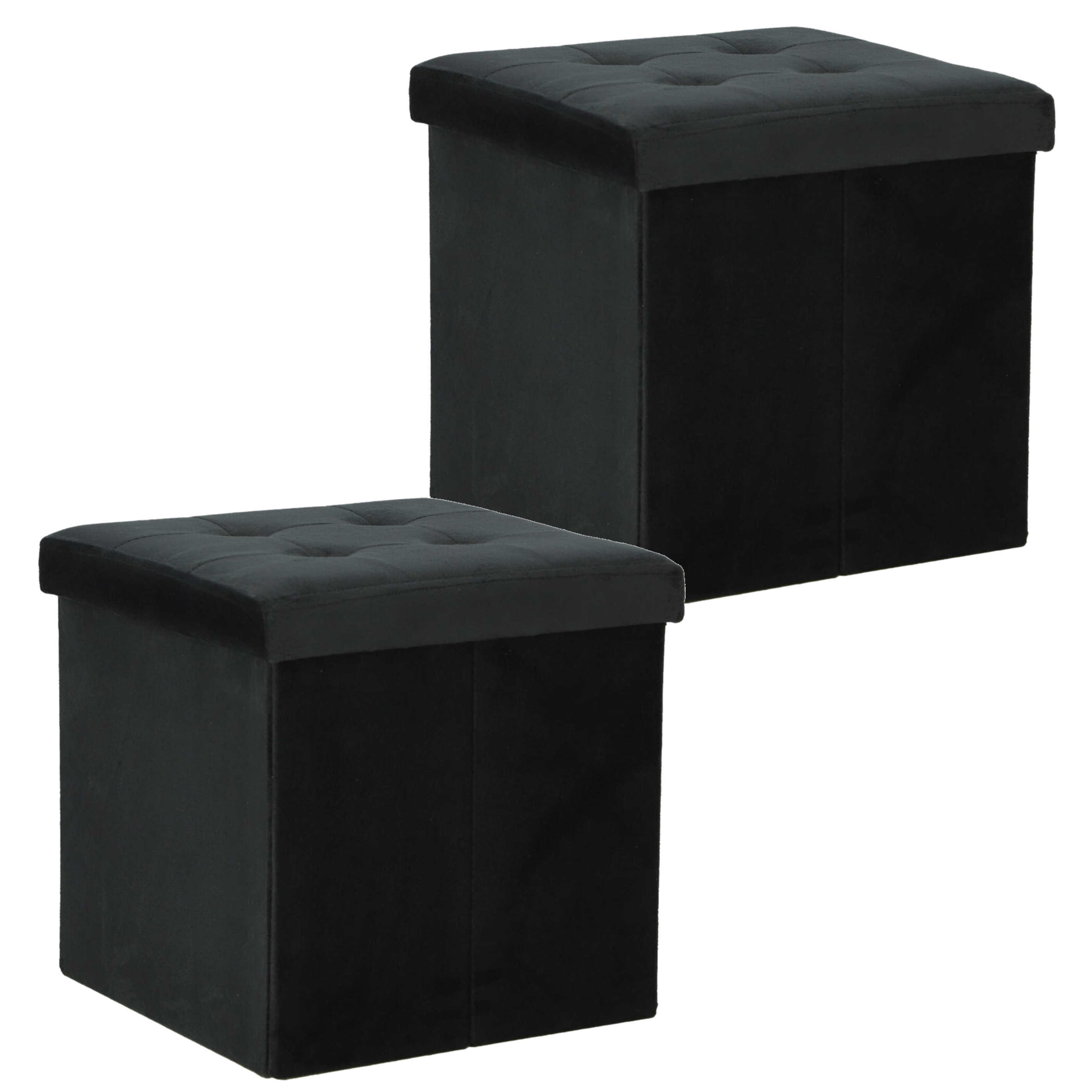 H&S Collection Poef-hocker-krukje 2x opbergbox zwart fluweel polyester 38 x 38 cm