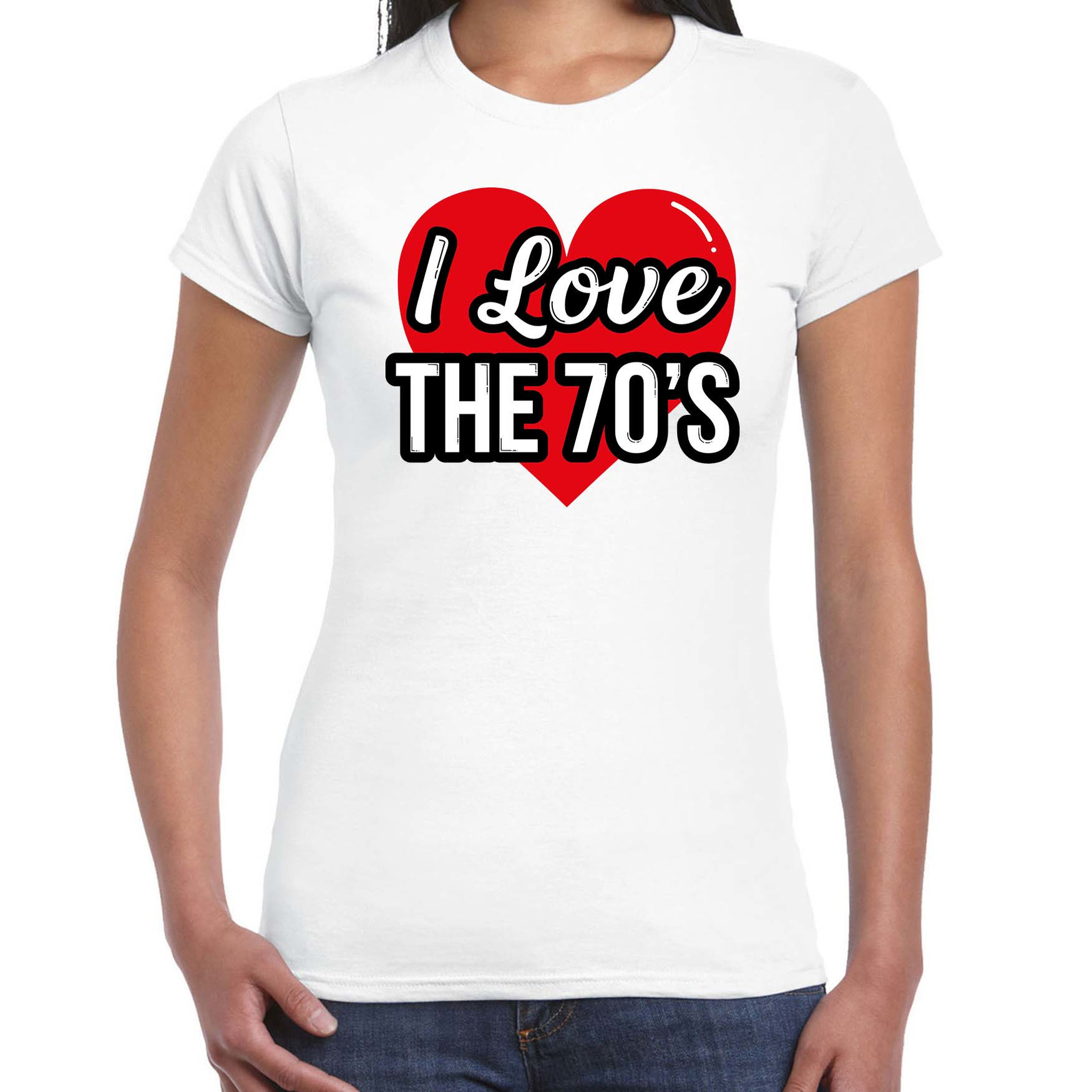 I love 70s verkleed t-shirt wit voor dames 70s party verkleed outfit