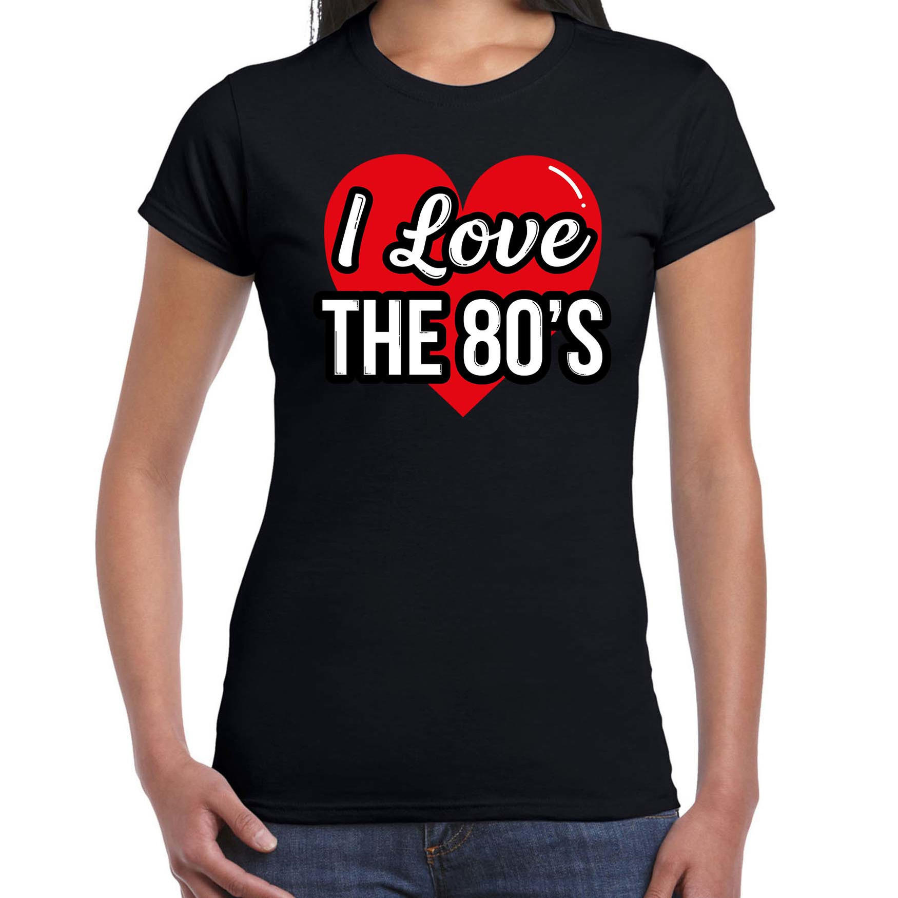 I love 80s verkleed t-shirt zwart voor dames 80s party verkleed outfit