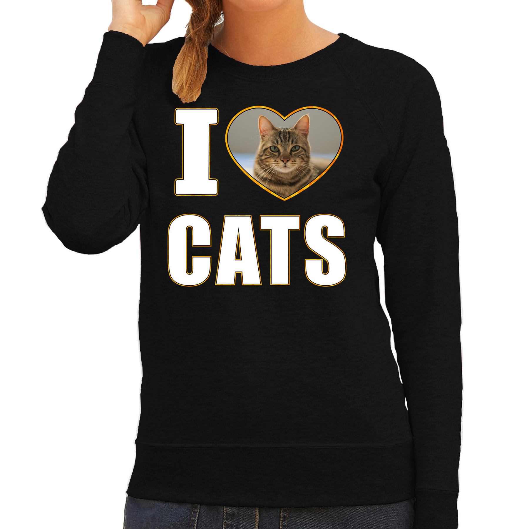 I love cats foto trui zwart voor dames cadeau sweater katten liefhebber