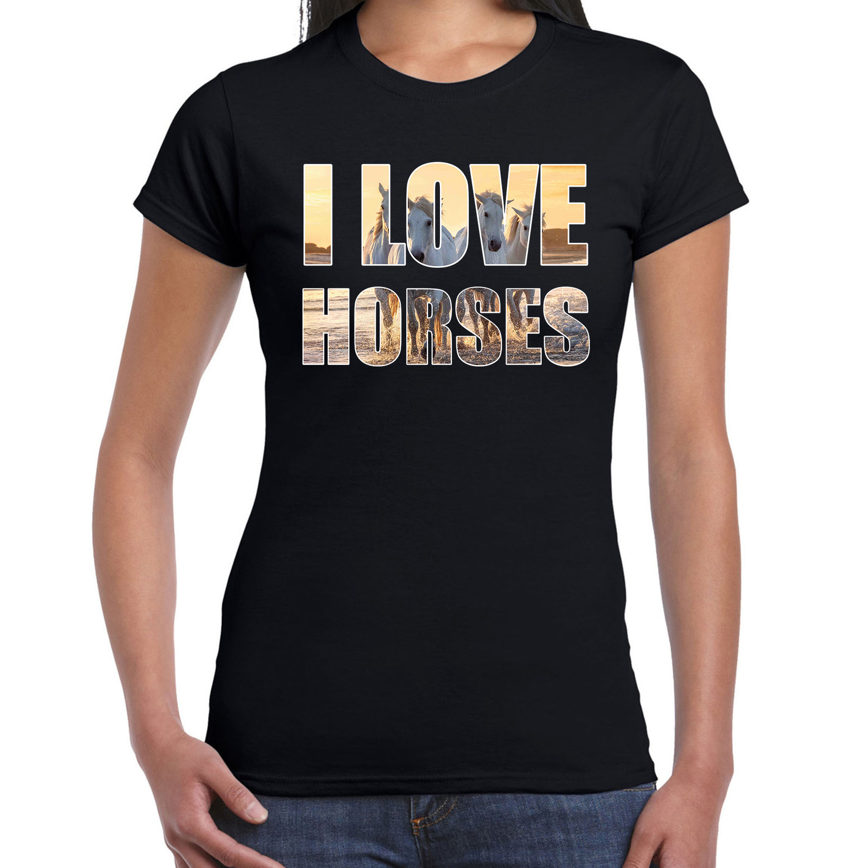 I love horses-paarden dieren shirt zwart voor dames-paardenmeisjes