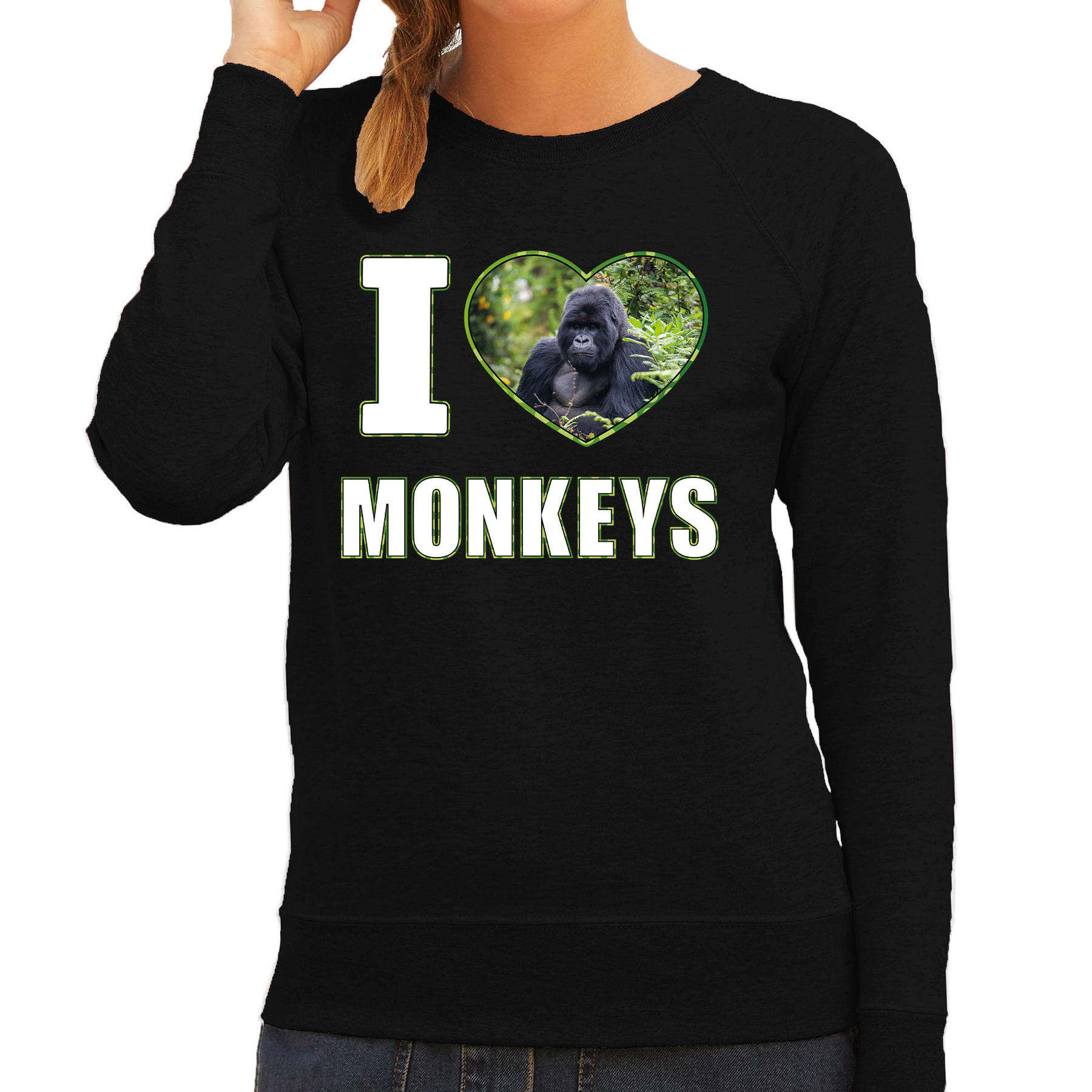 I love monkeys foto trui zwart voor dames cadeau sweater apen liefhebber