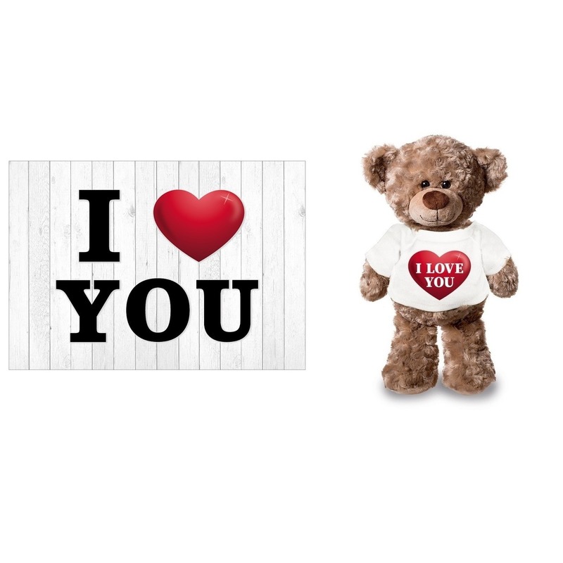I Love You Valentijnskaart en knuffelbeer met rood hart shirtje