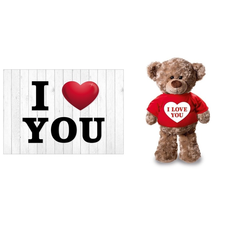 I Love You wenskaart-ansichtkaart-Valentijnskaart met rood shirtje I love you knuffelbeer