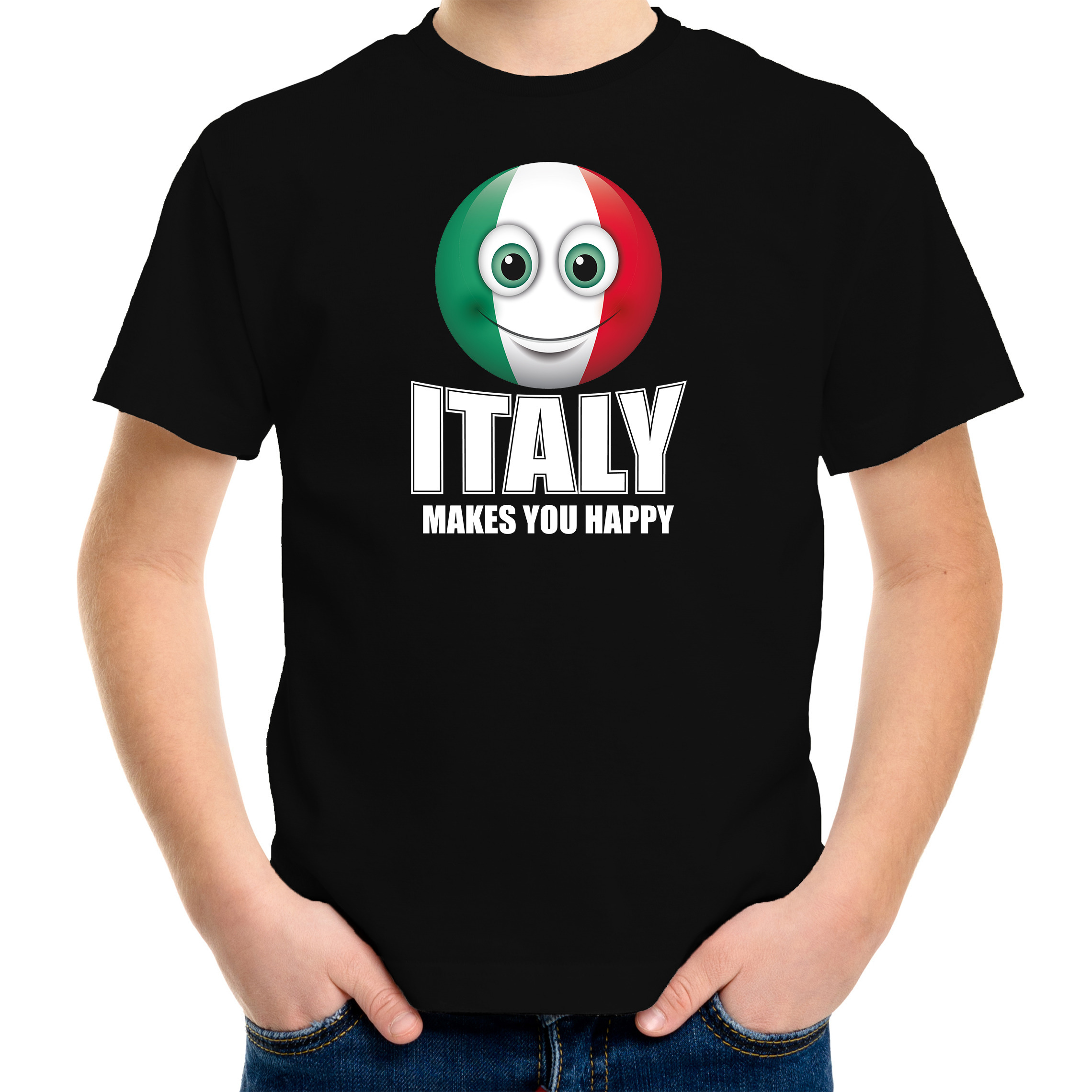 Italy makes you happy landen-vakantie shirt zwart voor kinderen met emoticon