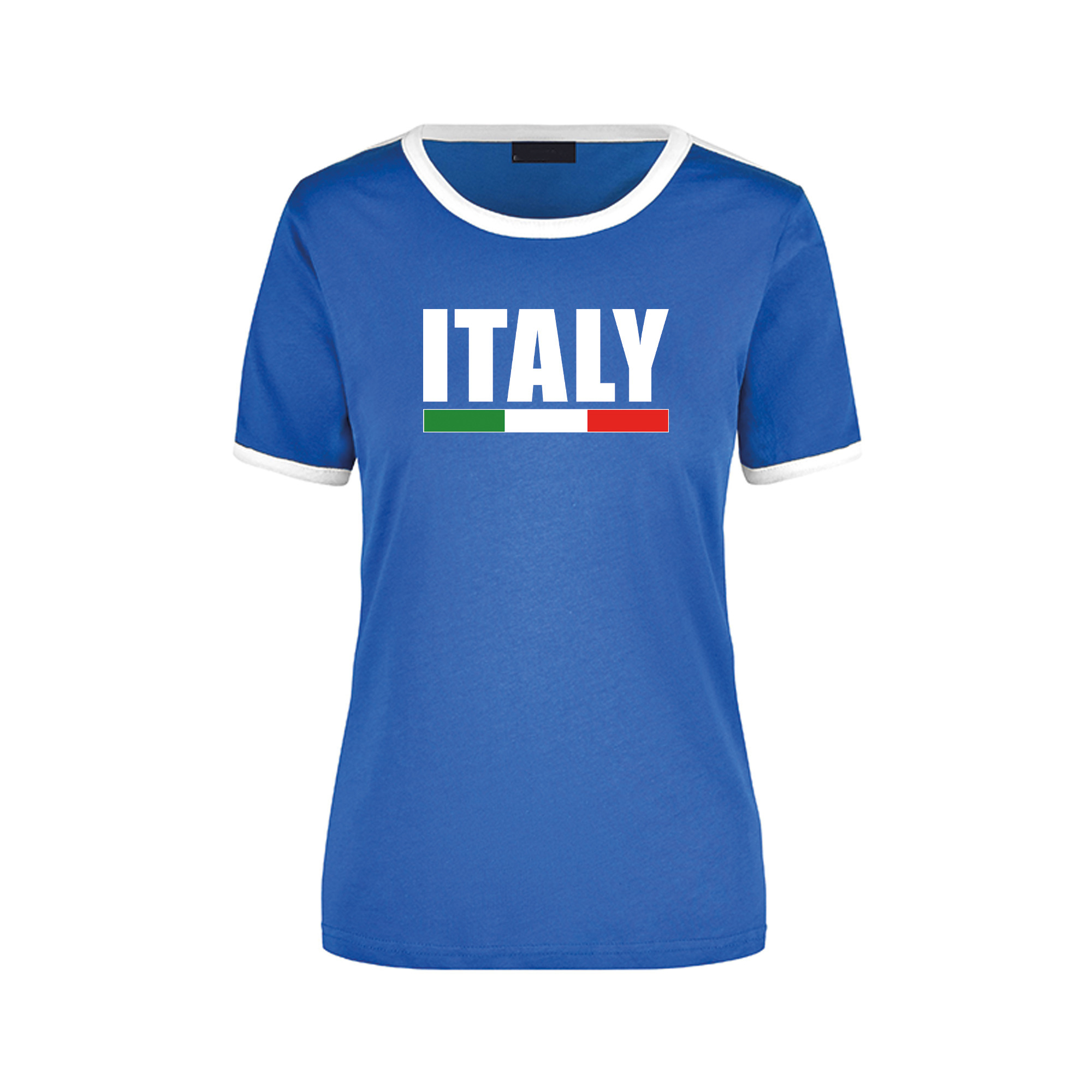 Italy supporter ringer t-shirt blauw met wite randjes voor dames Italie supporter kleding