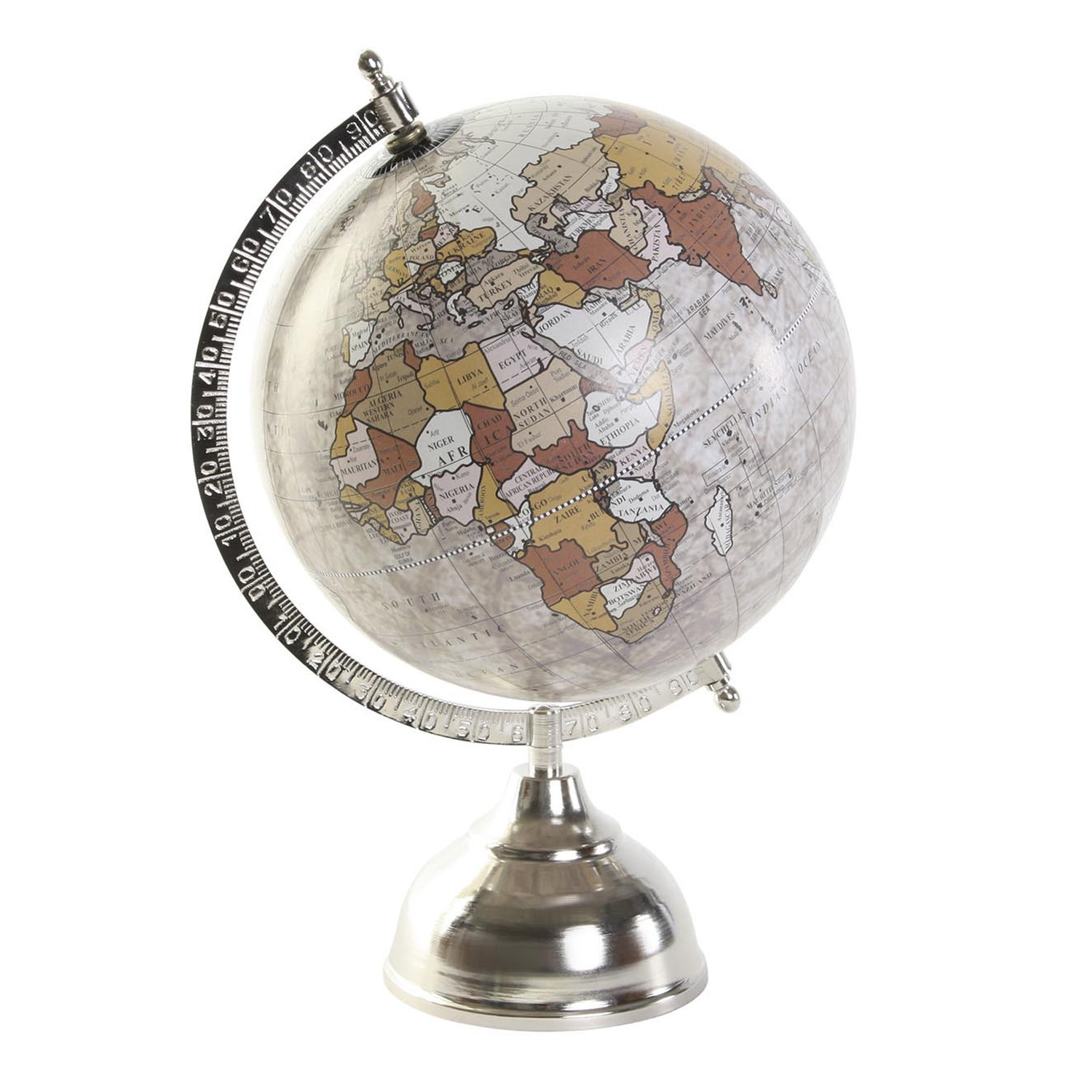 Items Deco Wereldbol-globe op voet kunststof beige-zilver home decoratie artikel D20 x H30 cm
