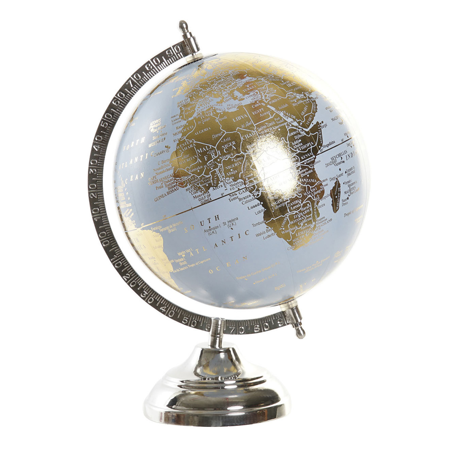 Items Deco Wereldbol-globe op voet kunststof blauw-goud home decoratie artikel D20 x H30 cm