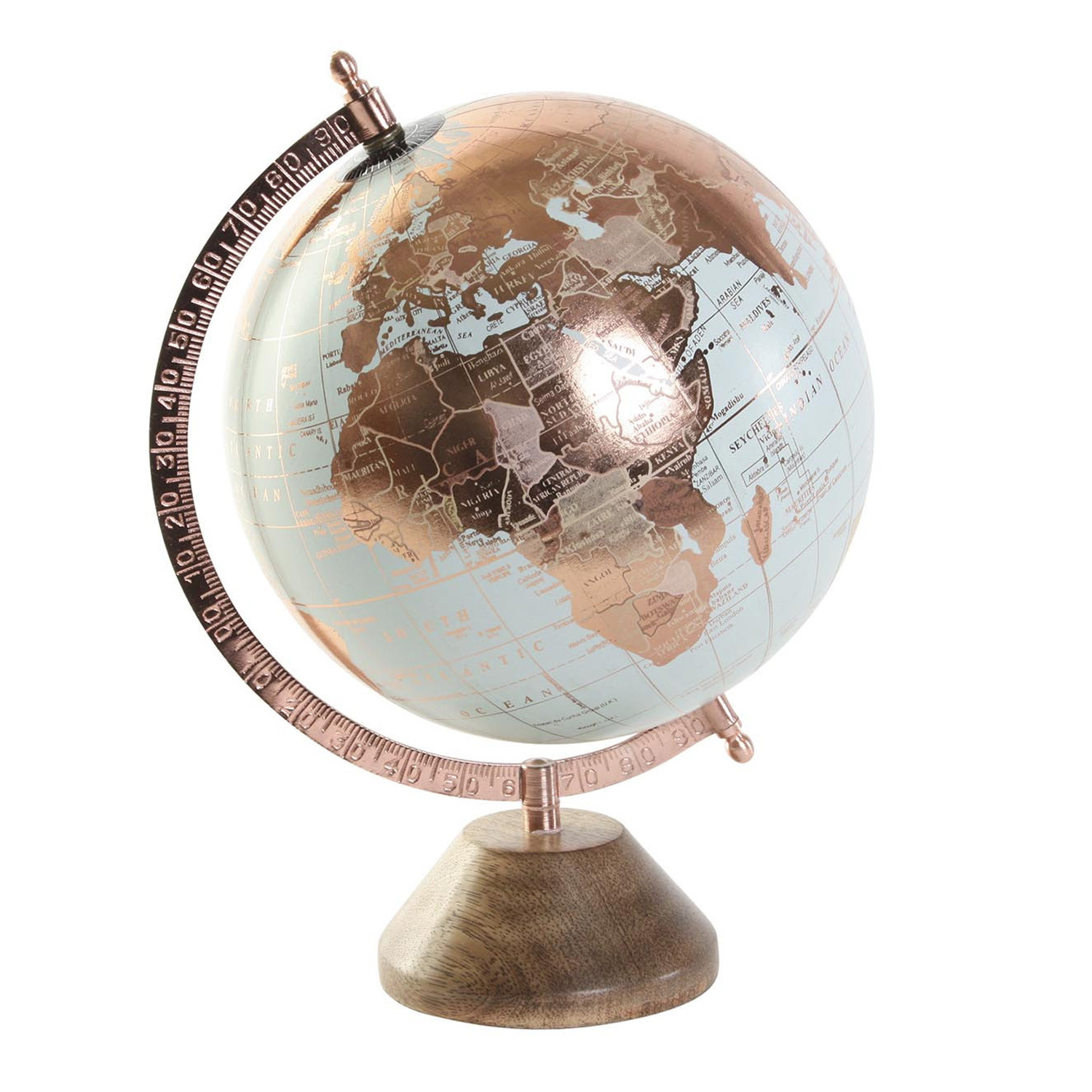 Items Deco Wereldbol-globe op voet kunststof blauw-rose goud home decoratie artikel D20 x H30 cm