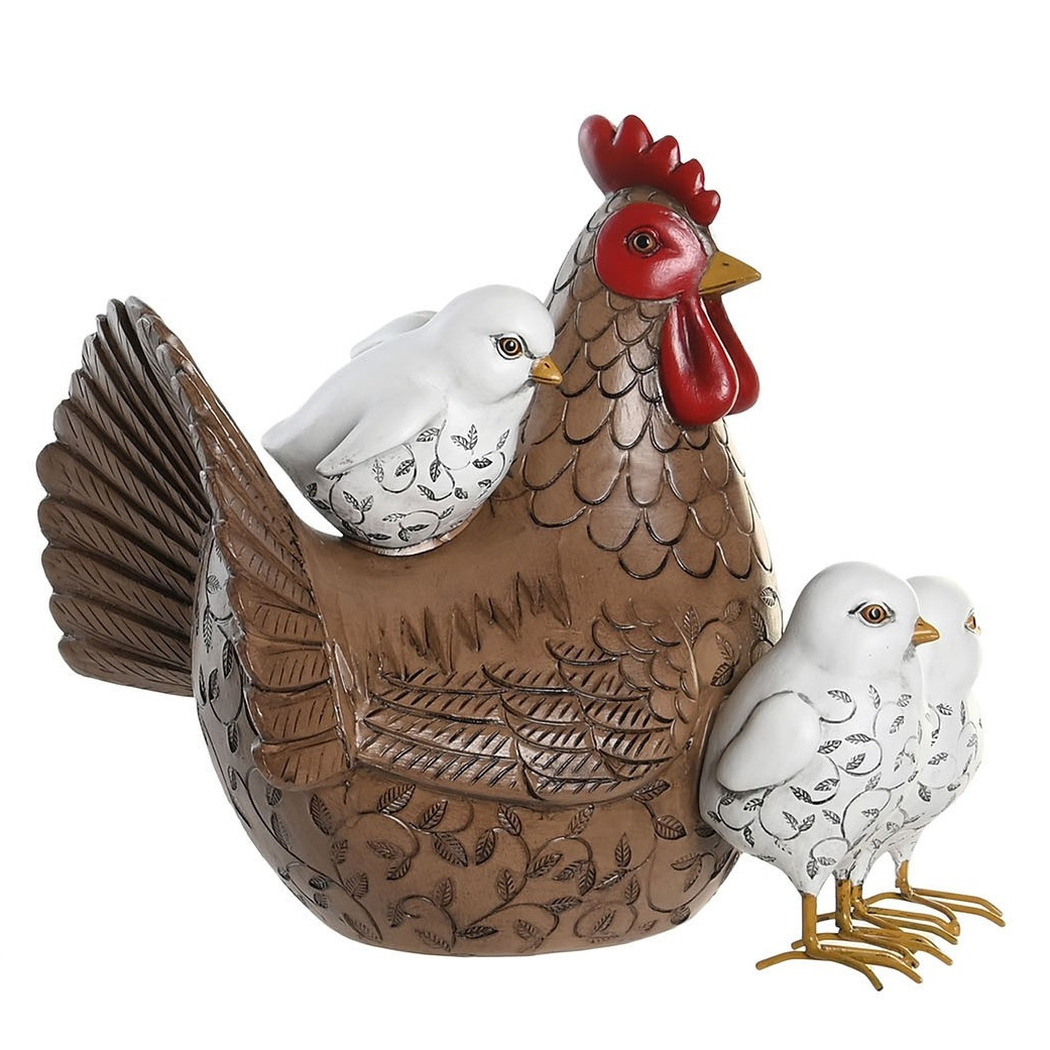 Items Home decoratie dieren-vogel beeldje Kip met kuikens 25 x 22 cm binnen-buiten bruin-wit