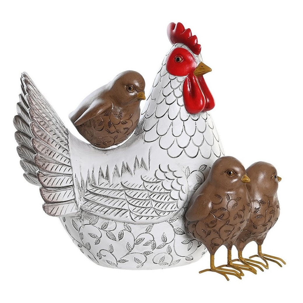 Items Home decoratie dieren-vogel beeldje Kip met kuikens 25 x 22 cm binnen-buiten wit-bruin