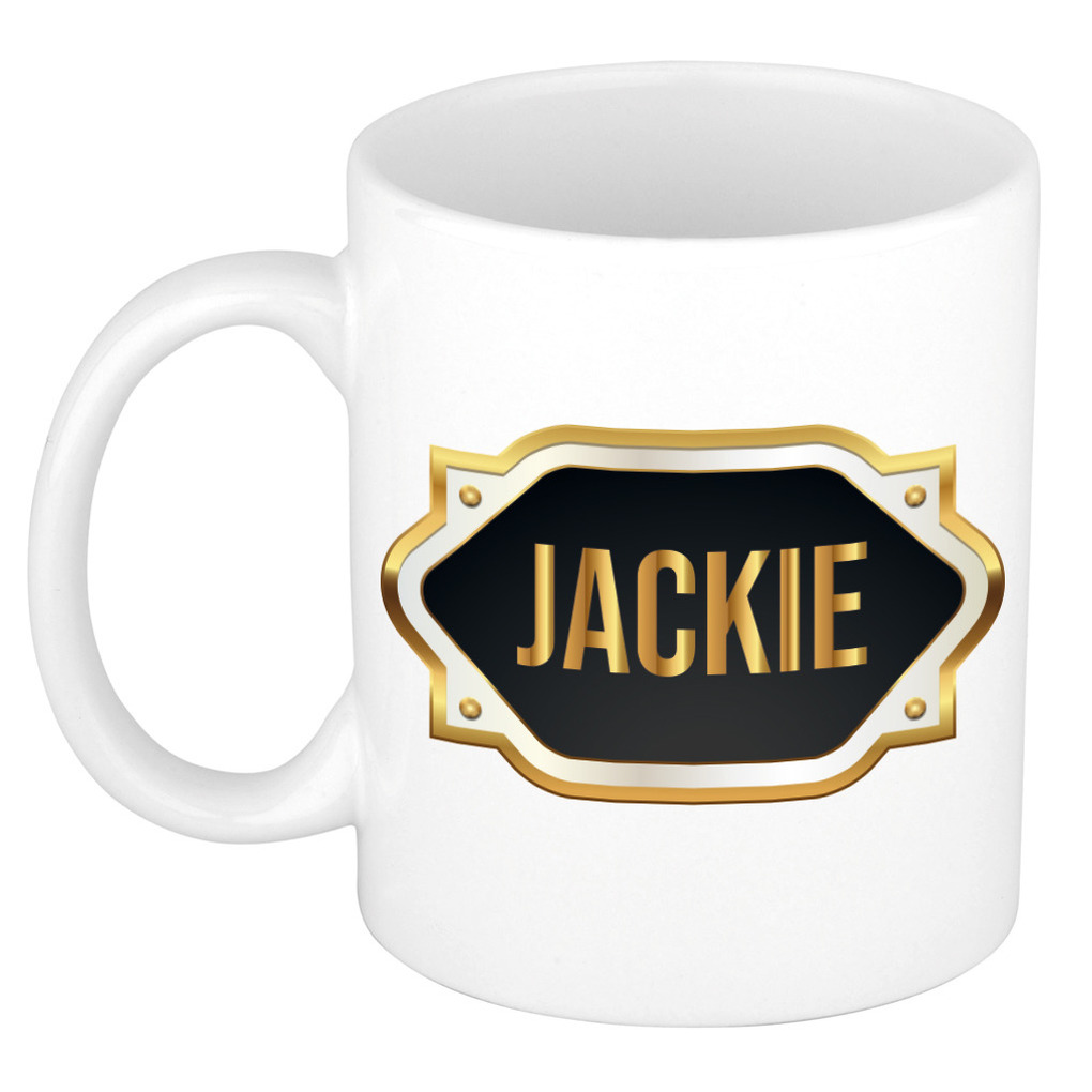 Jackie naam-voornaam kado beker-mok met goudkleurig embleem