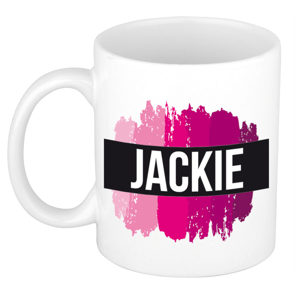 Jackie naam-voornaam kado beker-mok roze verfstrepen Gepersonaliseerde mok met naam