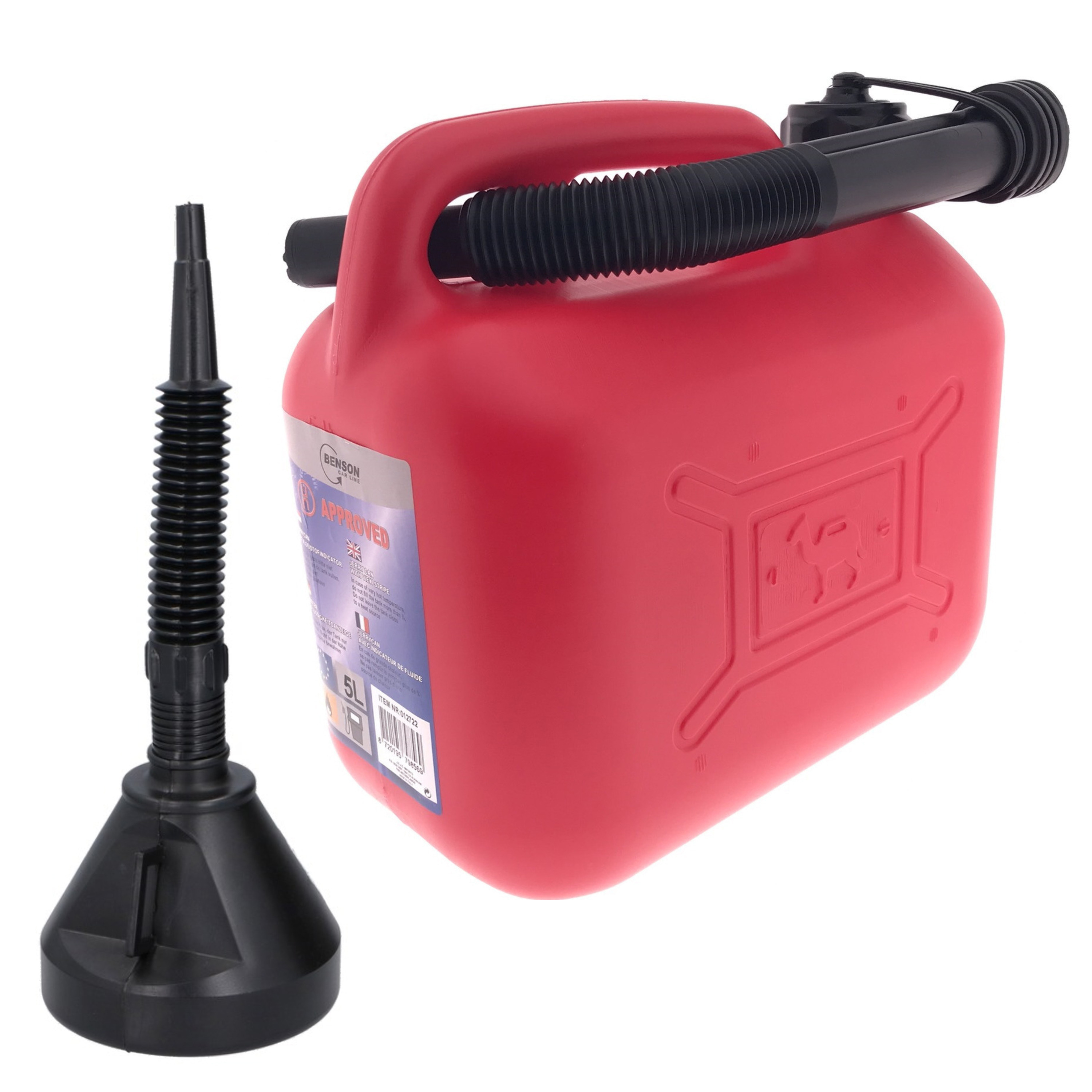 Jerrycan rood voor brandstof van 5 liter met een handige grote trechter