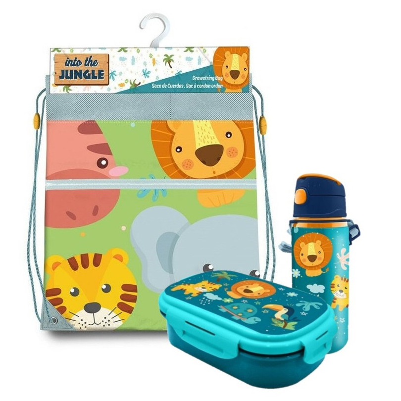 Jungle Kids Into the jungle lunchbox set kinderen 3-delig blauw incl. gymtas-schooltas