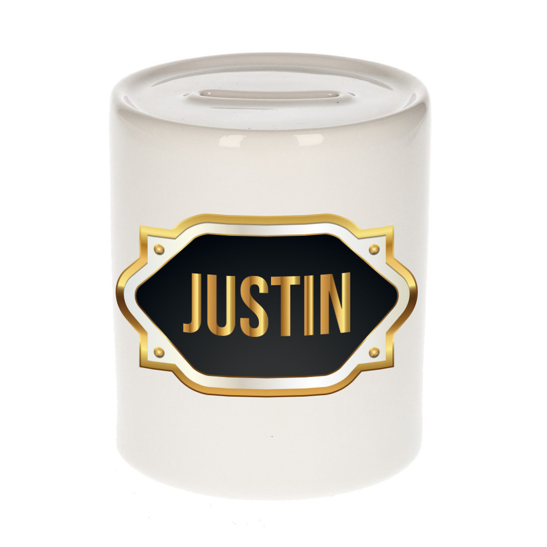Justin naam-voornaam kado spaarpot met embleem