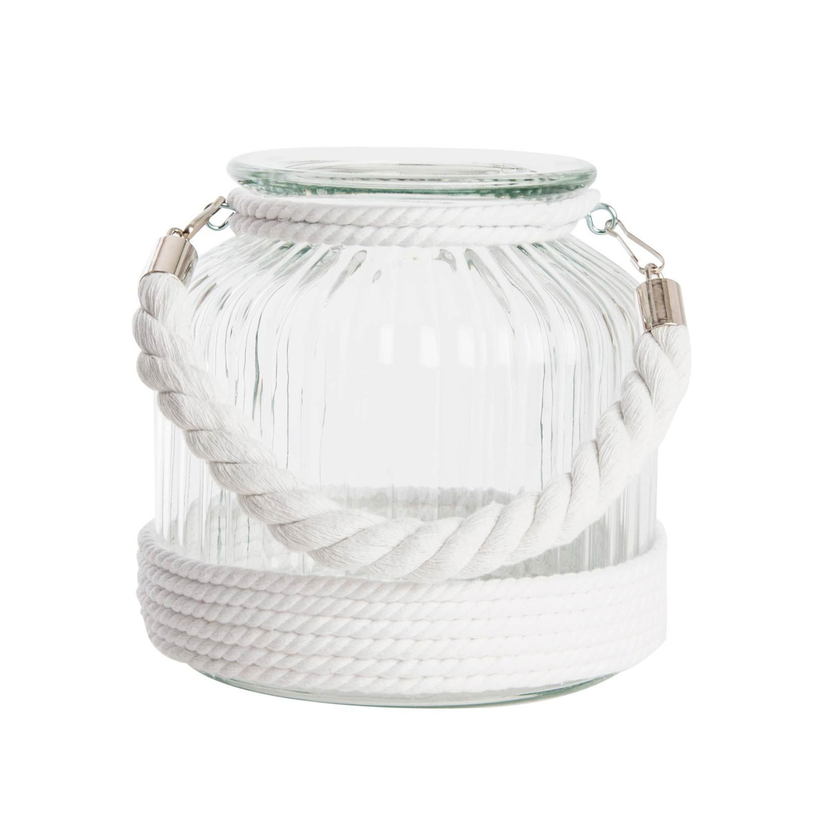 Kaarshouder-windlicht glas 18 cm met wit touw