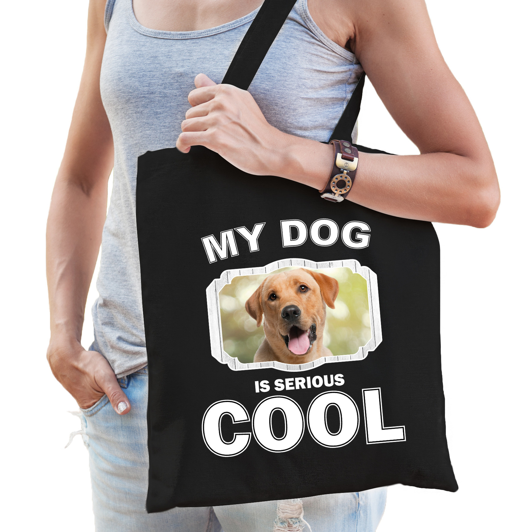 Katoenen tasje my dog is serious cool zwart Labrador retriever honden cadeau tas