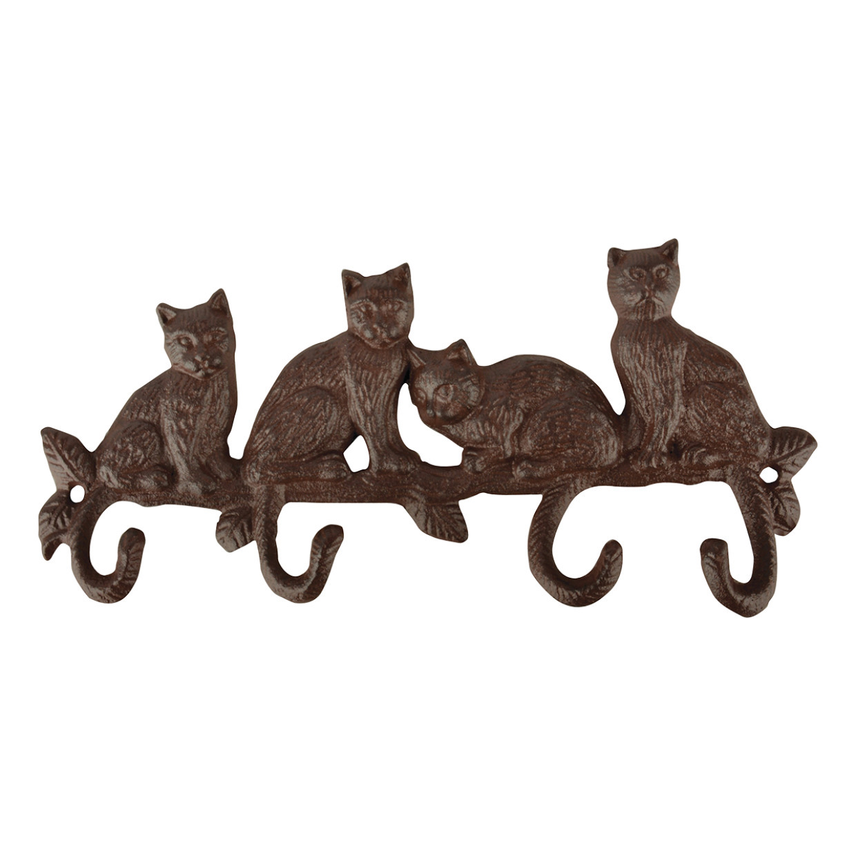 Katten kapstok-wandrekje van gietijzer met 4 kattenstaart haken 29 cm bruin