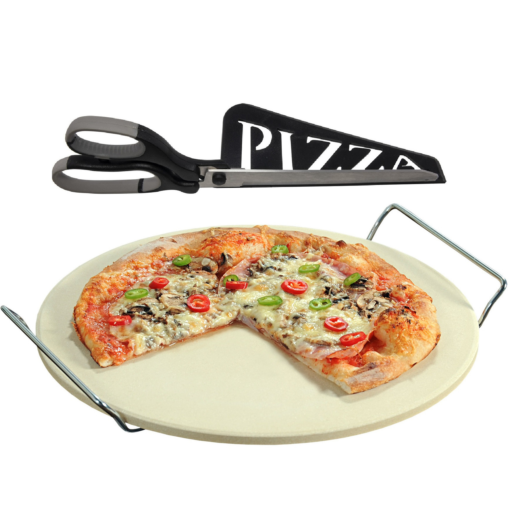 Keramieken pizzasteen rond 33 cm met handvaten en zwarte pizzaschaar