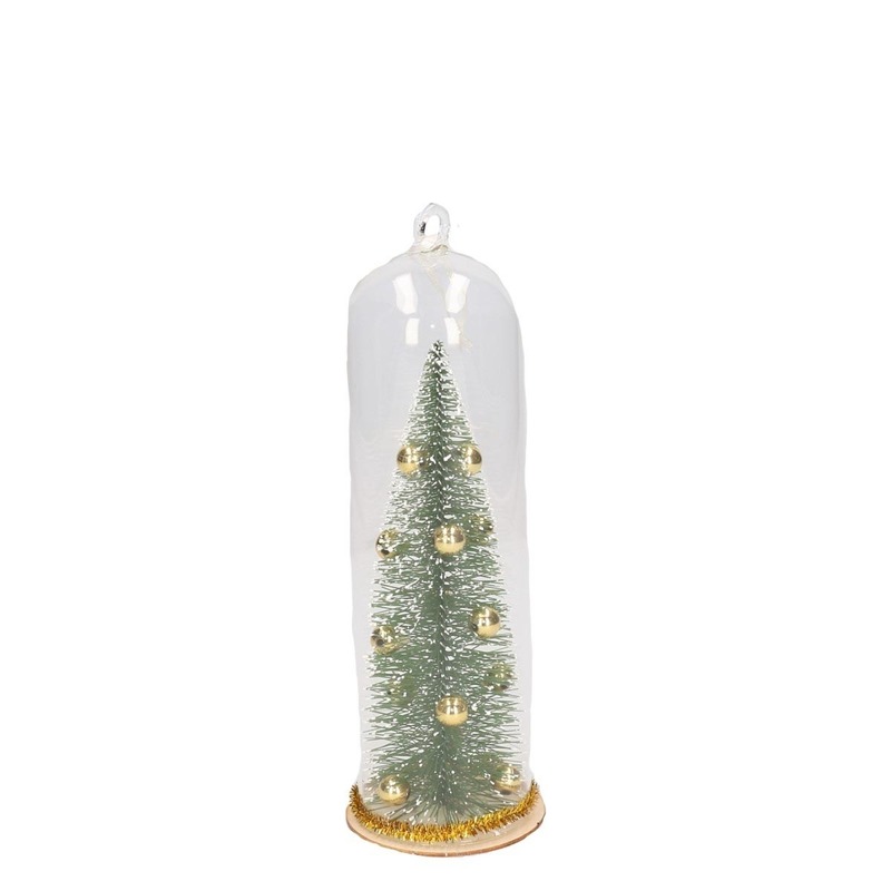 Kerst hangdecoratie glazen stolp met groen-gouden kerstboom 22 cm
