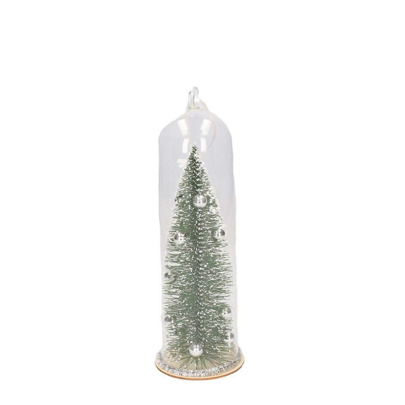 Kerst hangdecoratie glazen stolp met groen-zilveren kerstboom 22 cm