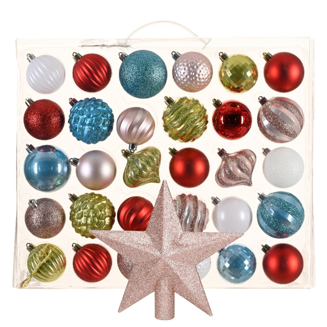 Kerstballen 30x st gekleurd 7 cm met ster piek lichtroze kunststof