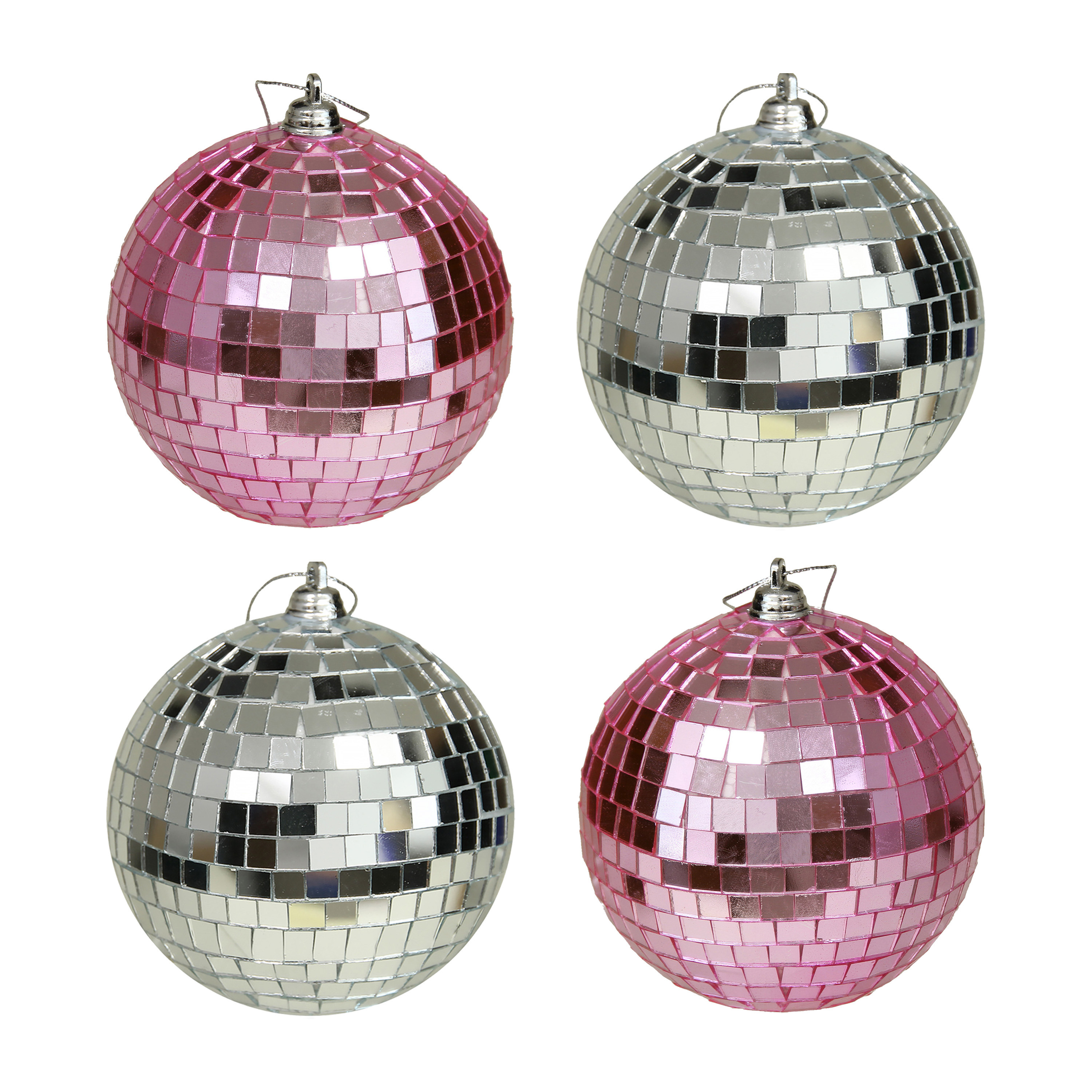 Kerstballen disco 4x st roze en zilver 10 cm kunststof