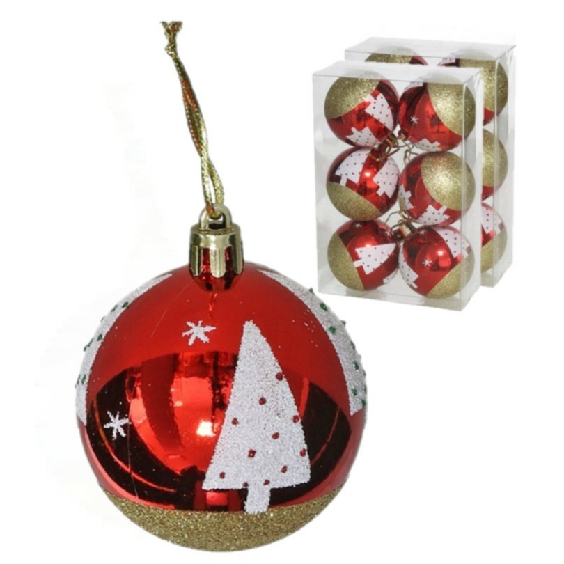 Kerstballen gedecoreerd 12x 6 cm kunststof -rood met kerstboom