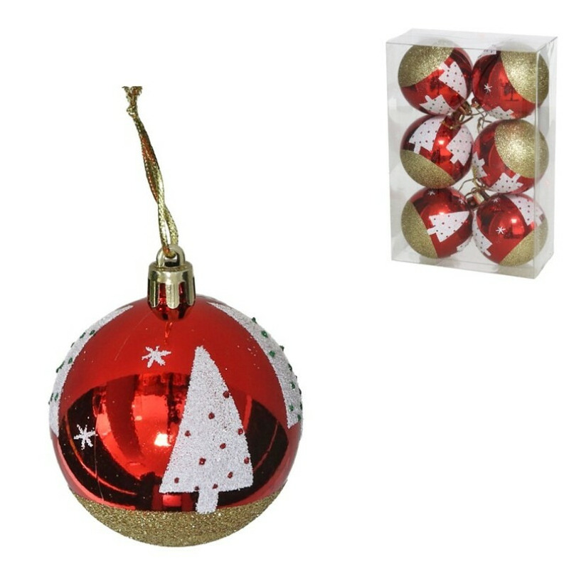 Kerstballen gedecoreerd 6x st 6 cm kunststof rood met kerstboom