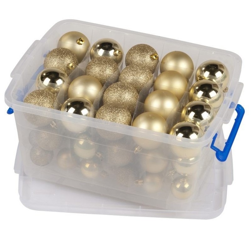Kerstballen goud in box 70 stuks 4-6-8 cm
