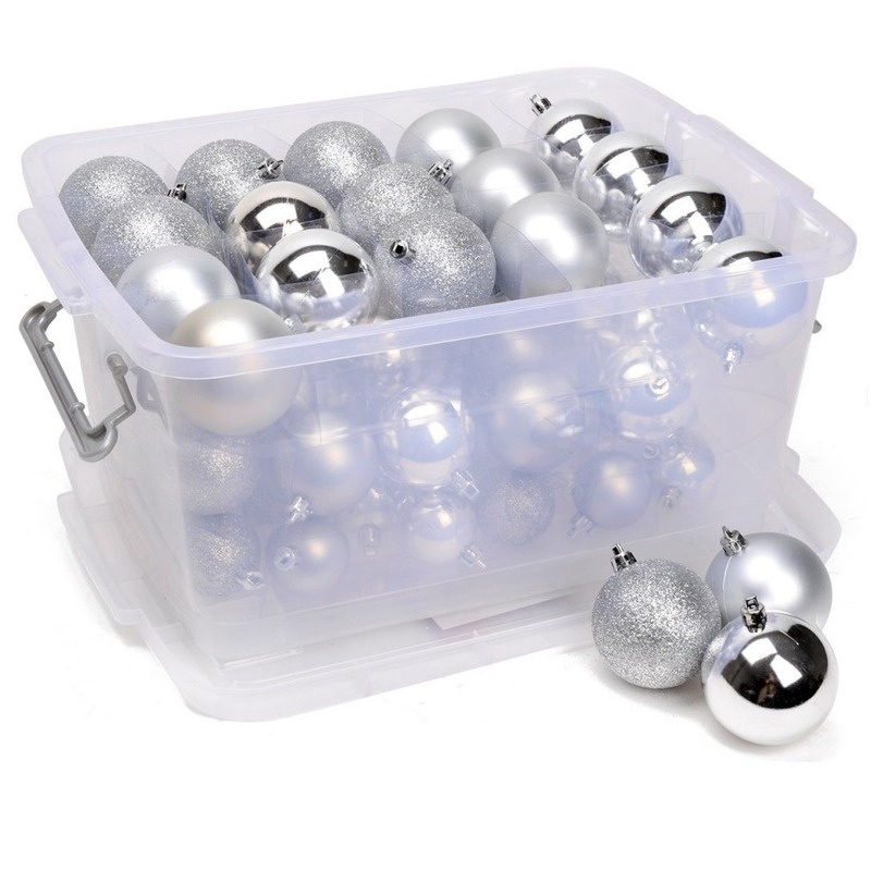 Kerstballen opbergen opbergboxen met 70 zilveren kerstballen