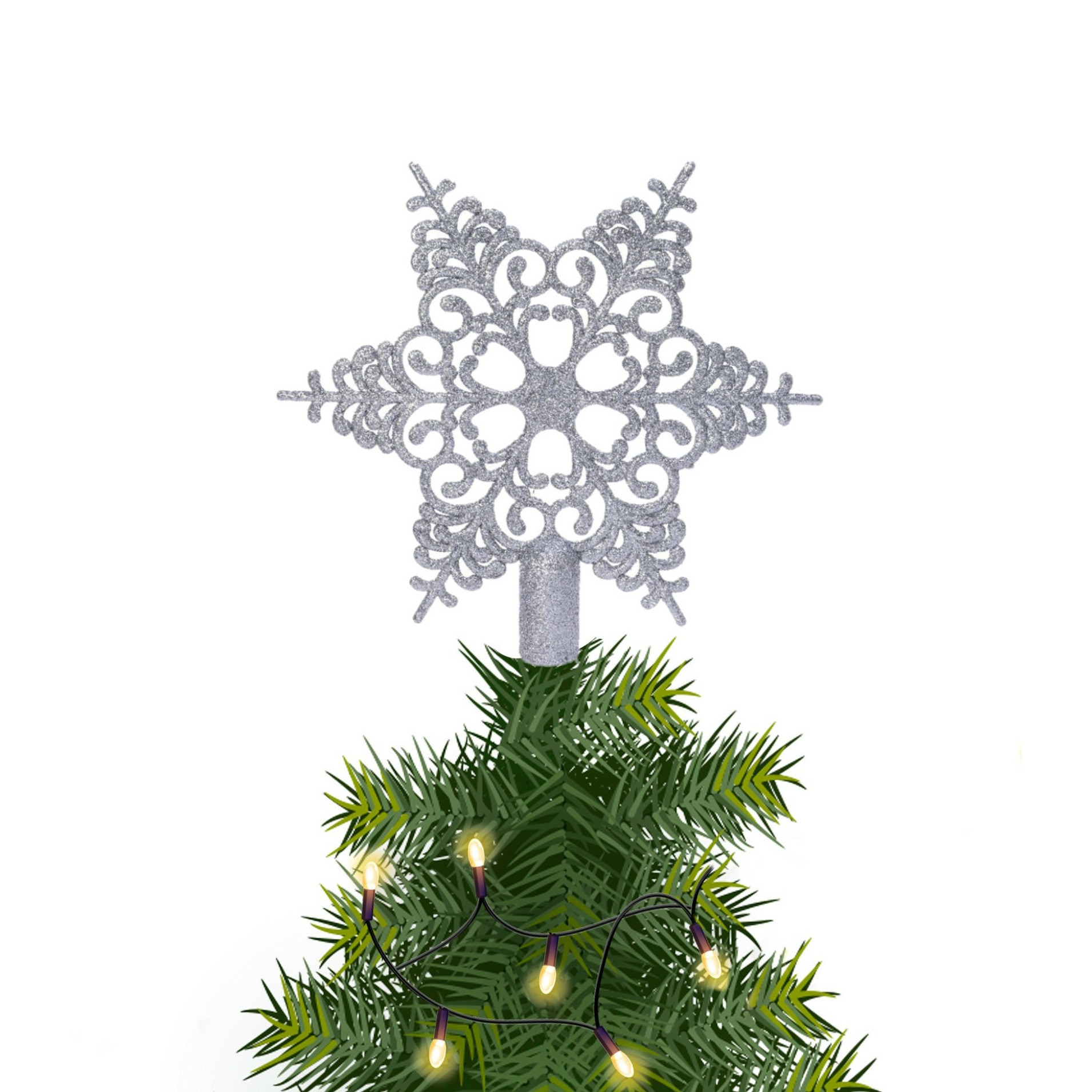 Kerstboom piek open kunststof kerst ster zilver met glitters H19 cm