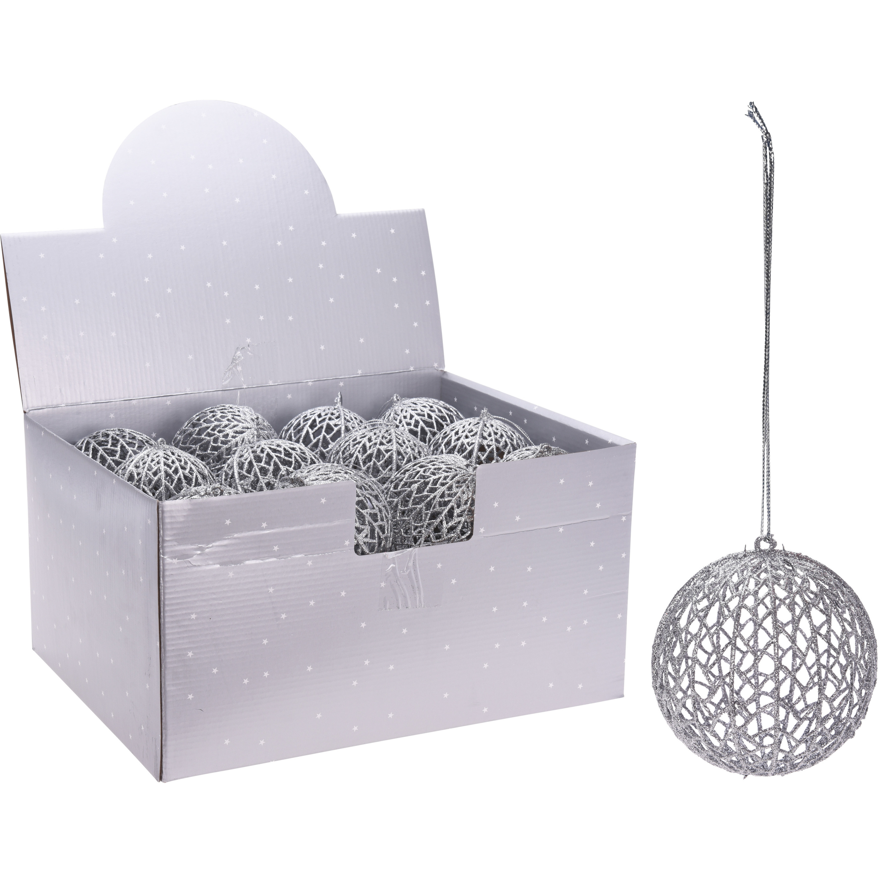 Kerstboomversiering zilveren draad kerstballen met glitters 9 cm