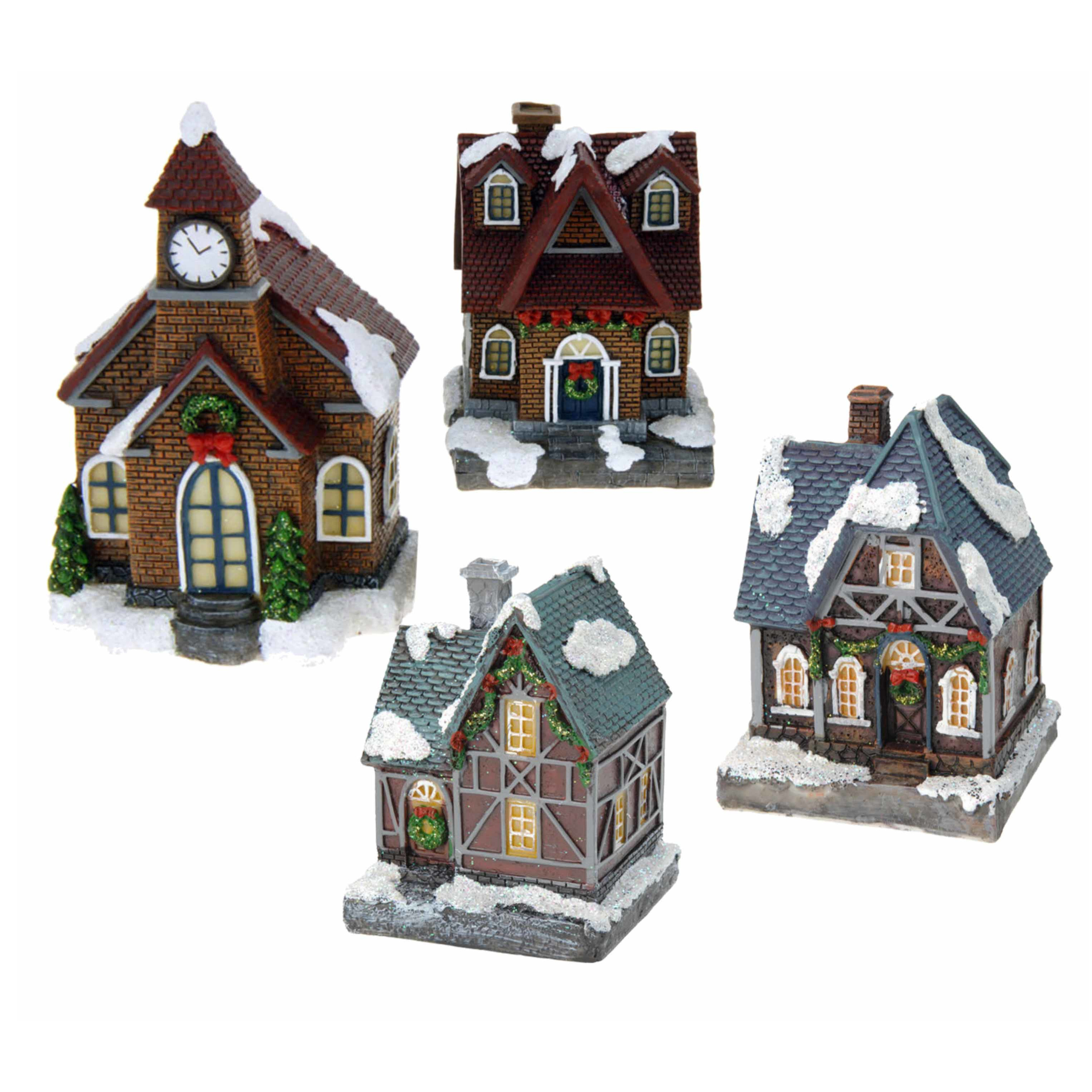 Kerstdorp huisjes set van 4x huisjes met Led verlichting 13.5 cm