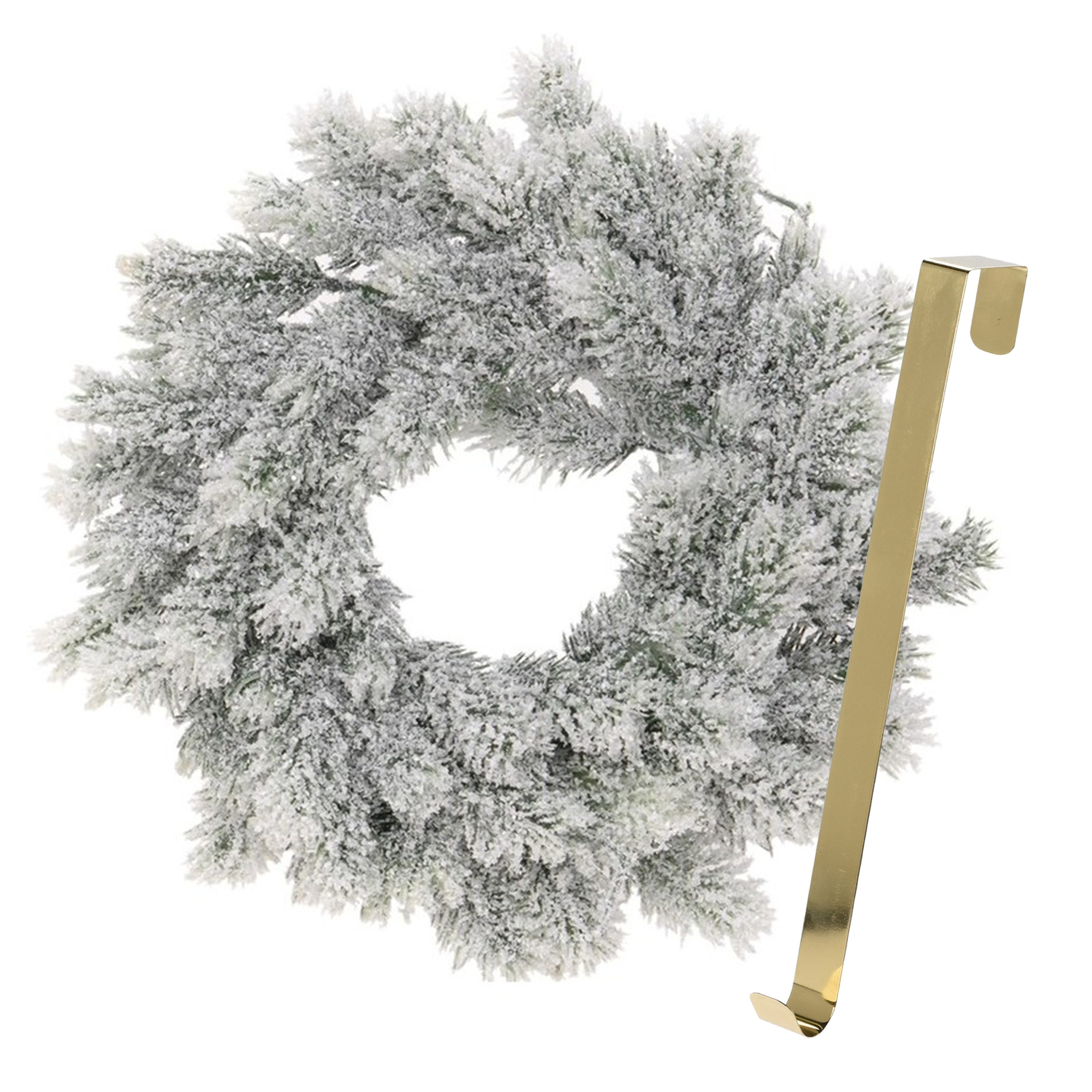 Kerstkrans 35 cm groen besneeuwd met gouden hanger-ophanghaak kerstversiering
