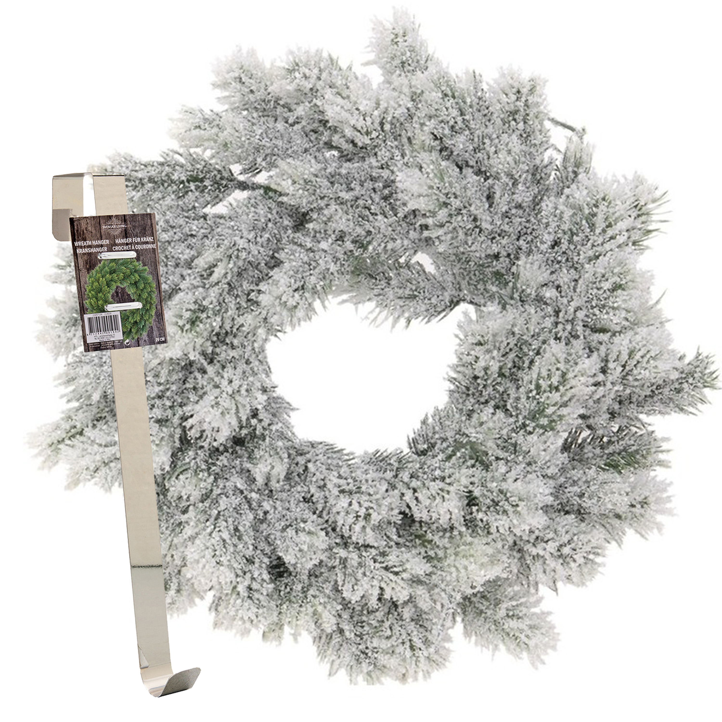 Kerstkrans 35 cm groen besneeuwd met messing zilveren hanger-ophanghaak kerstversiering