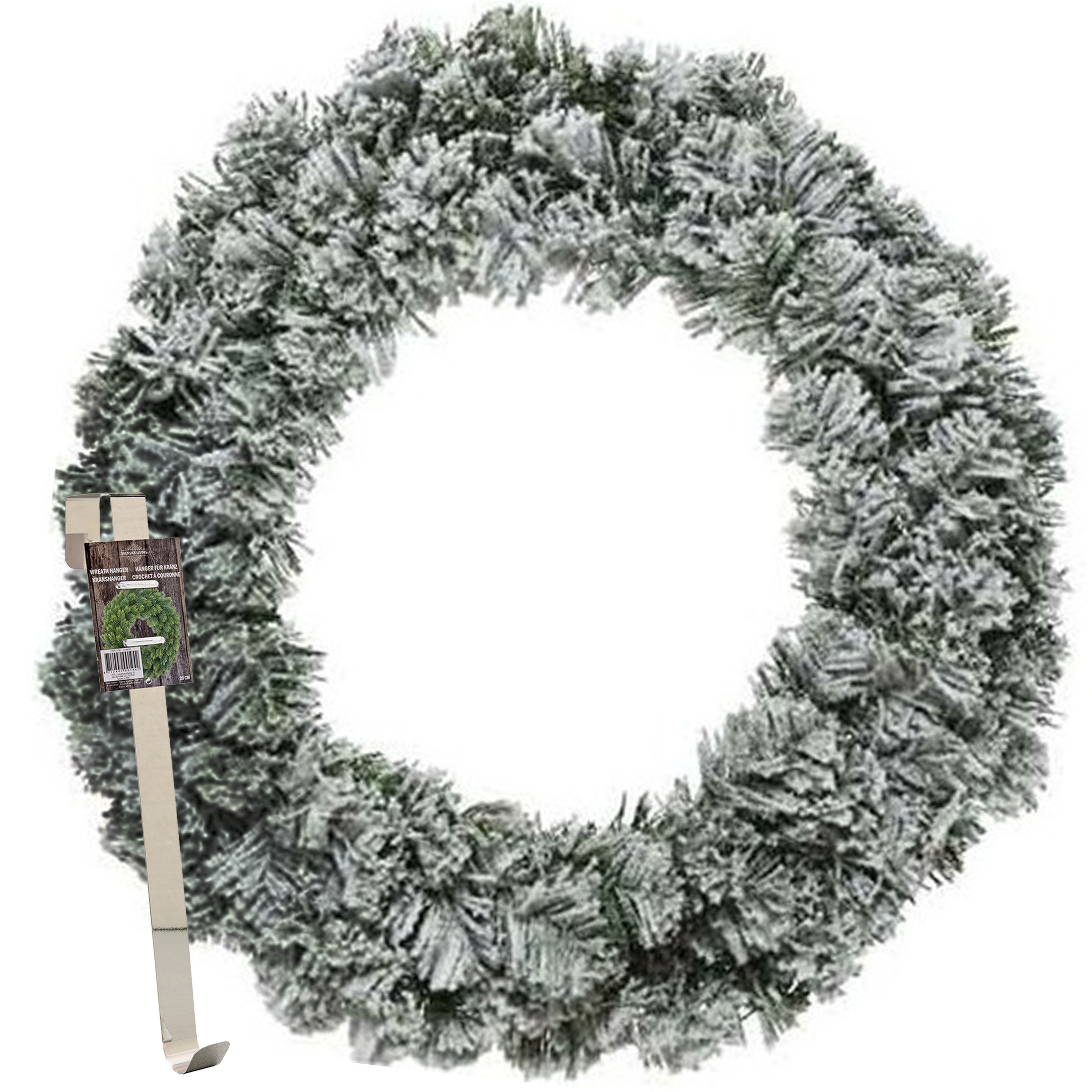 Kerstkrans 60 cm groen besneeuwd met messing zilveren hanger-ophanghaak kerstversiering