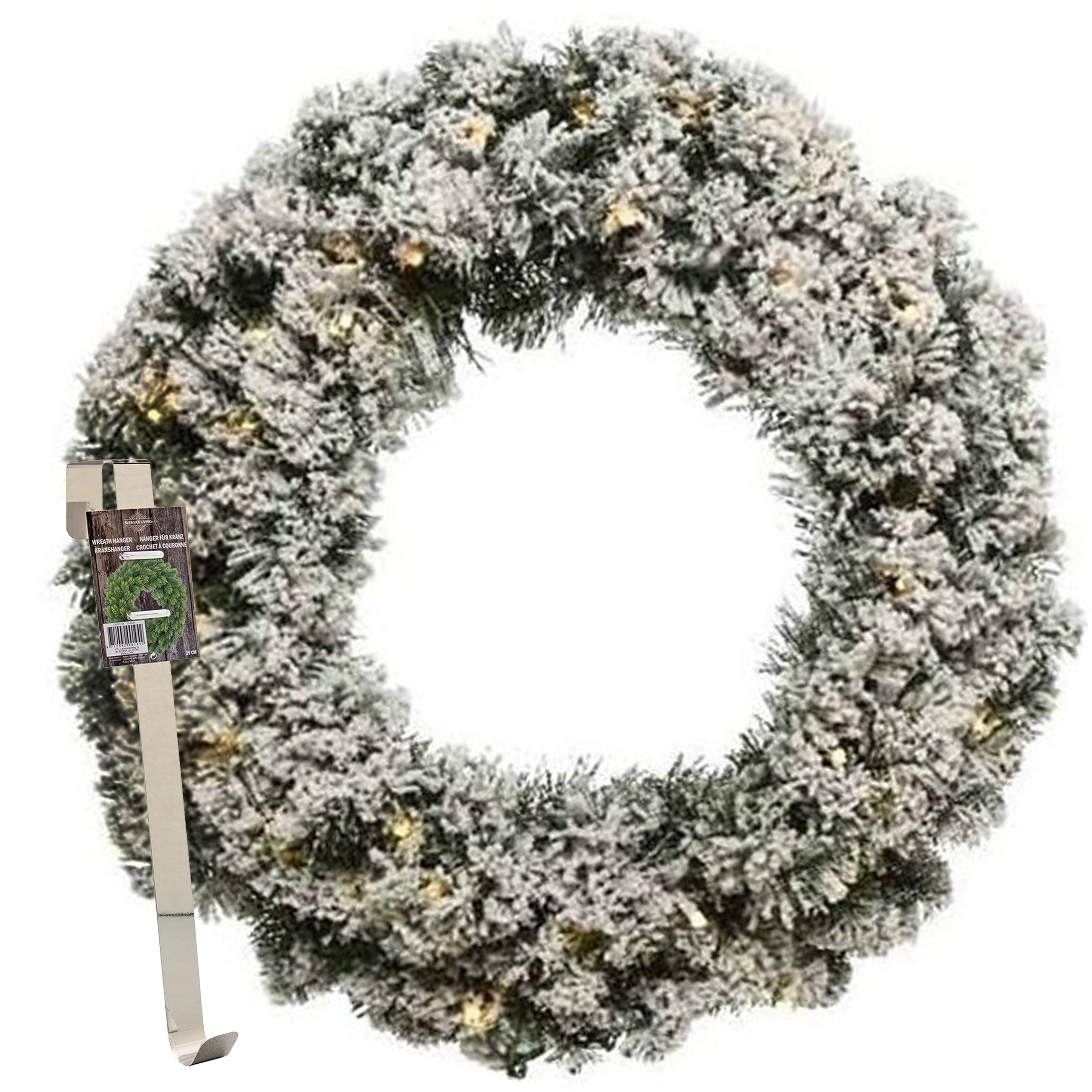 Kerstkrans 60 cm groen met led besneeuwd met messing zilveren hanger-ophanghaak