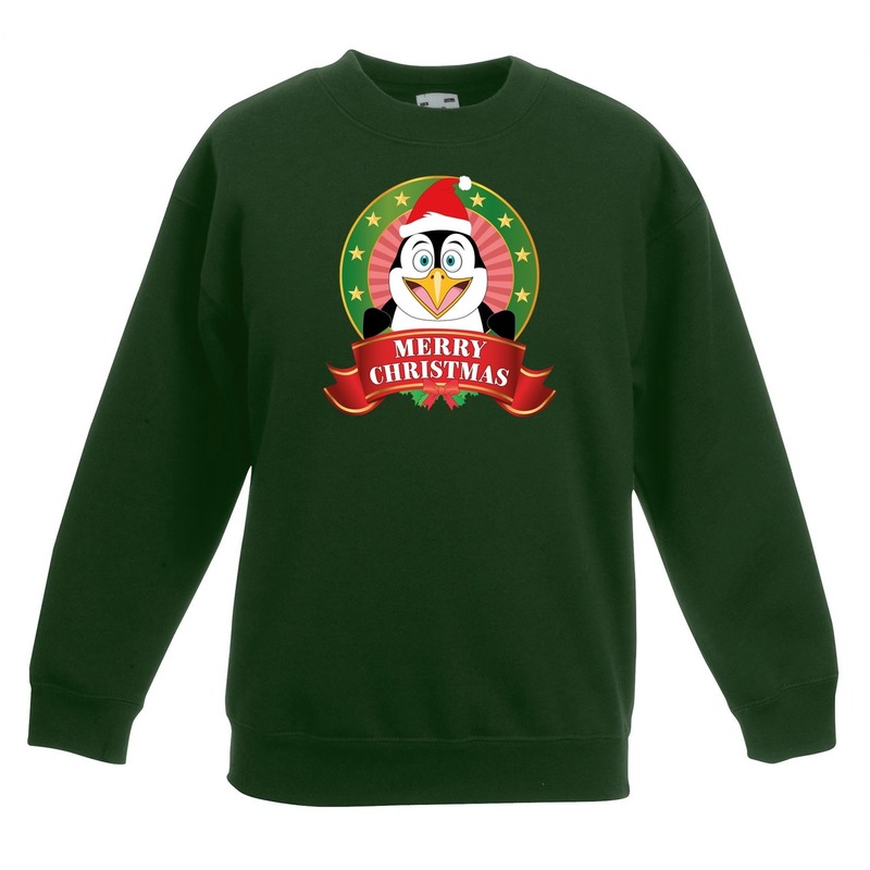 Kersttrui met pinguin groen voor jongens en meisjes