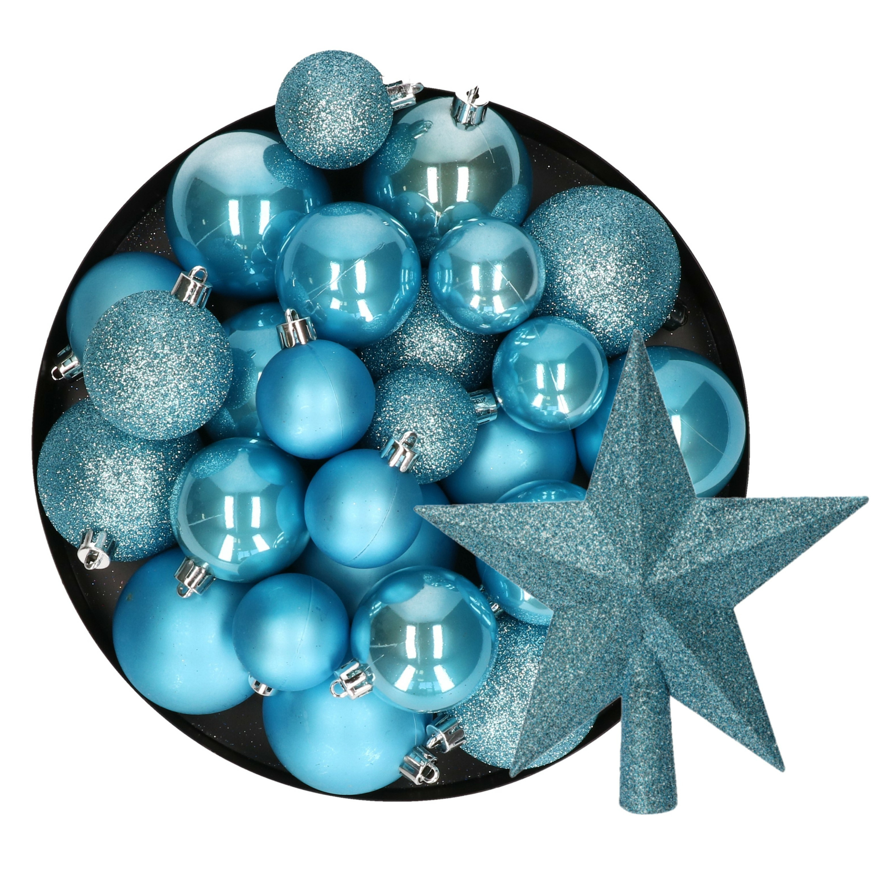 Kerstversiering 30x kerstballen en ster piek ijsblauw kunststof