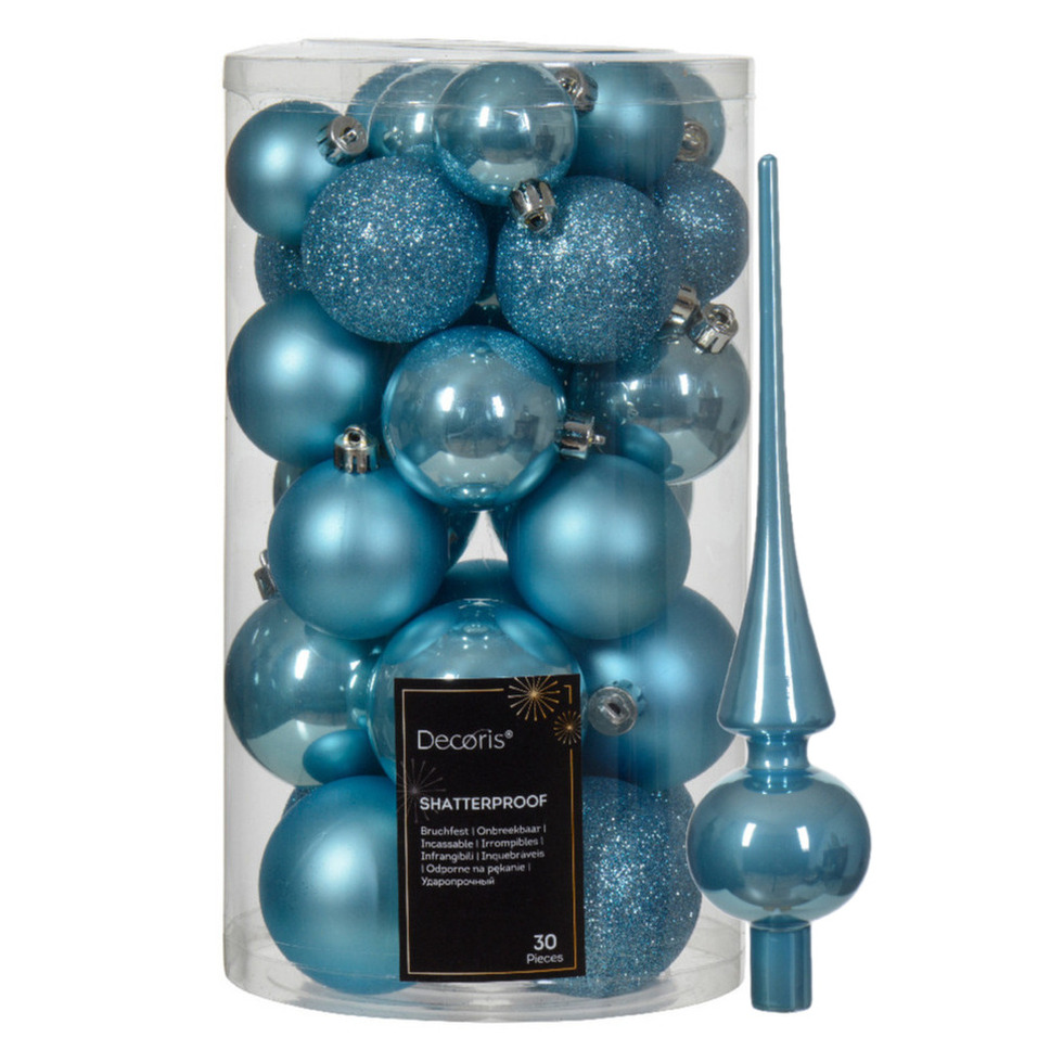 Kerstversiering -30x st kunststof kerstballen en glazen piek -ijsblauw