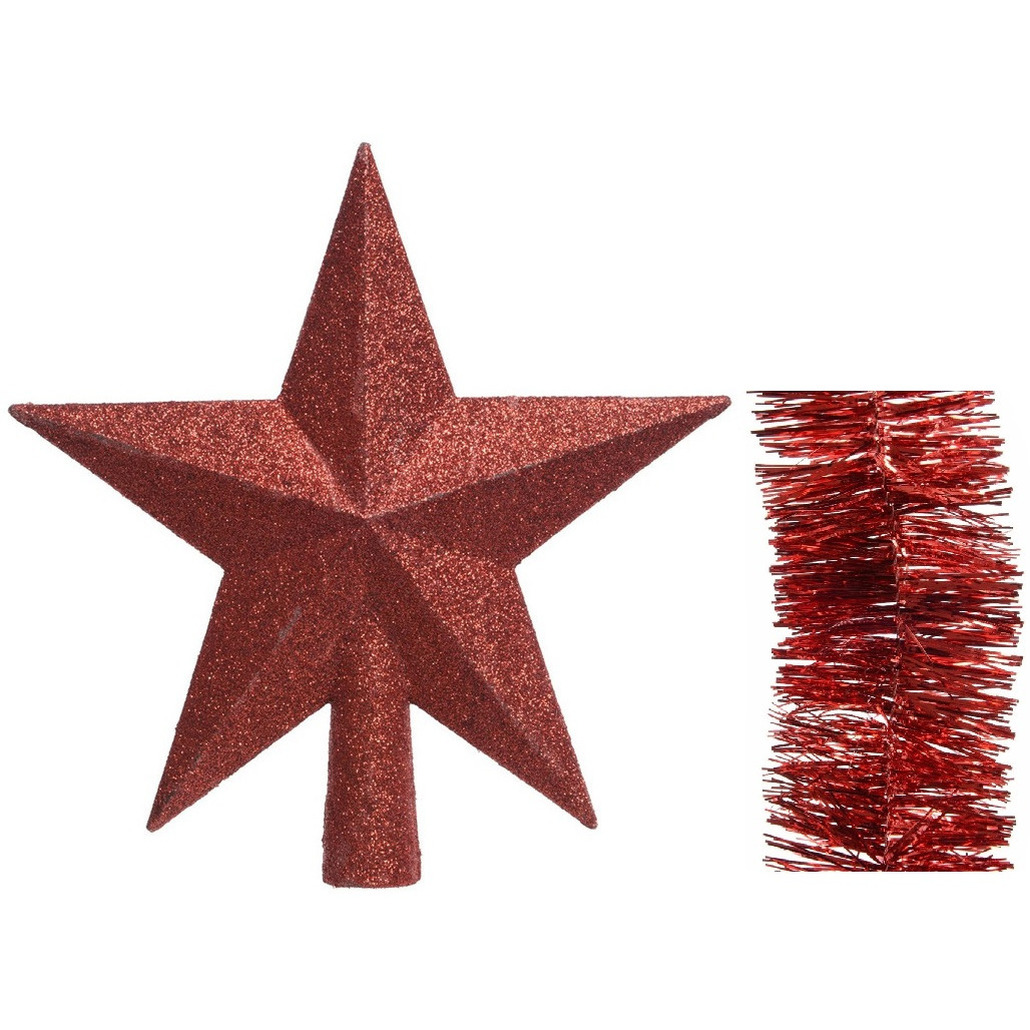Kerstversiering kunststof glitter ster piek 19 cm en folieslingers pakket rood van 3x stuks